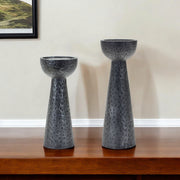 Set of Two Black Distressed Hammered Polyresin Tabletop Pillar Candle Holders-Candle Holders-DECOROLALA