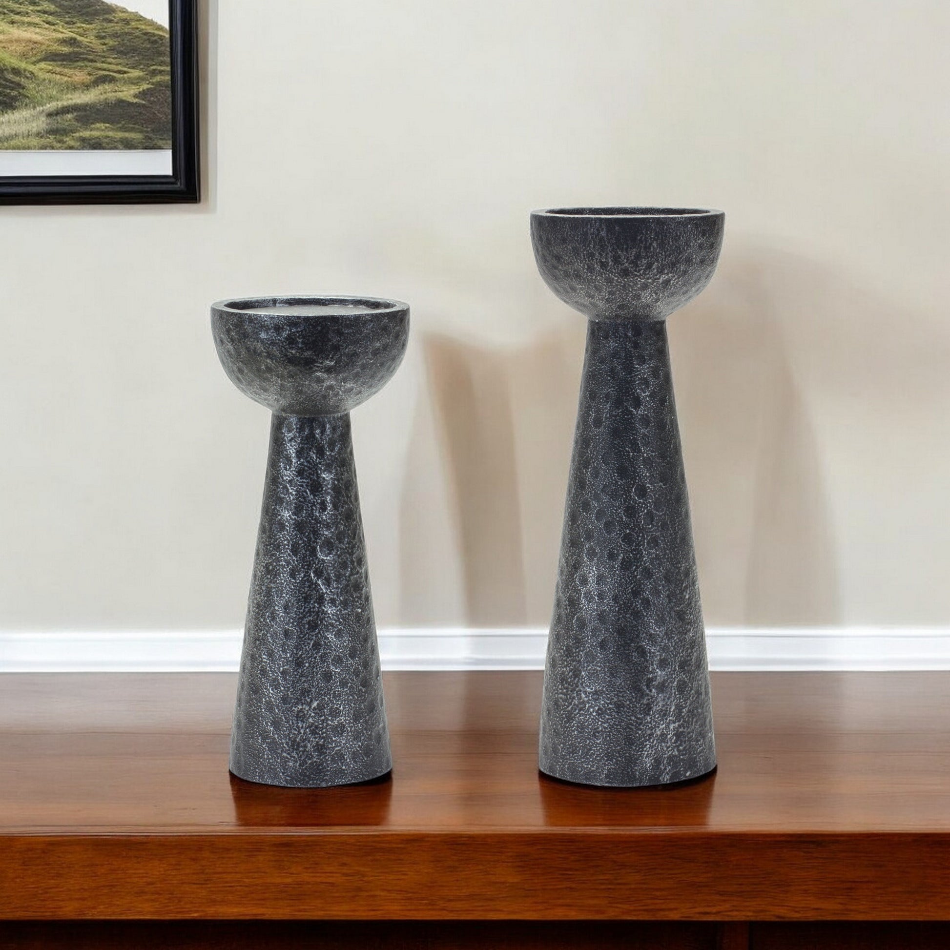 Set of Two Black Distressed Hammered Polyresin Tabletop Pillar Candle Holders-Candle Holders-DECOROLALA