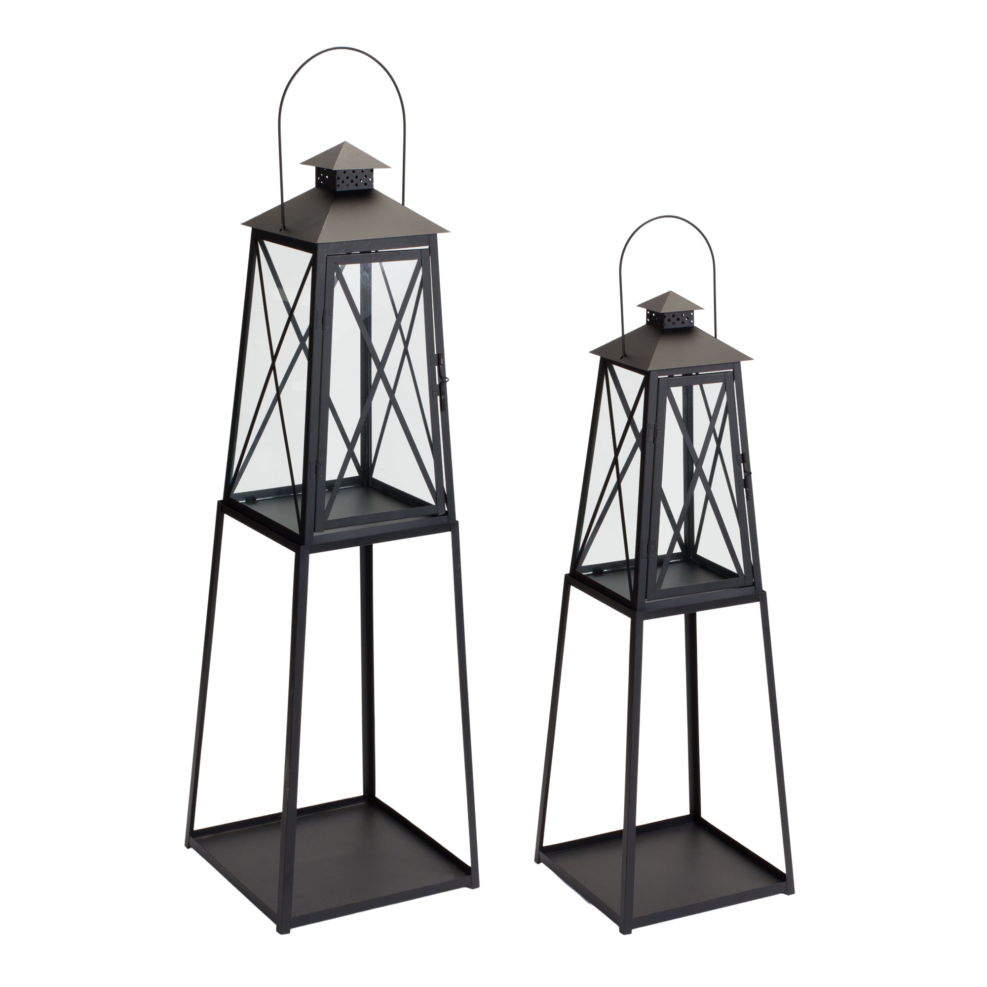 Set of Two Black Distressed Ornate Iron Tabletop Lantern Candle Holders-Candle Holders-DECOROLALA