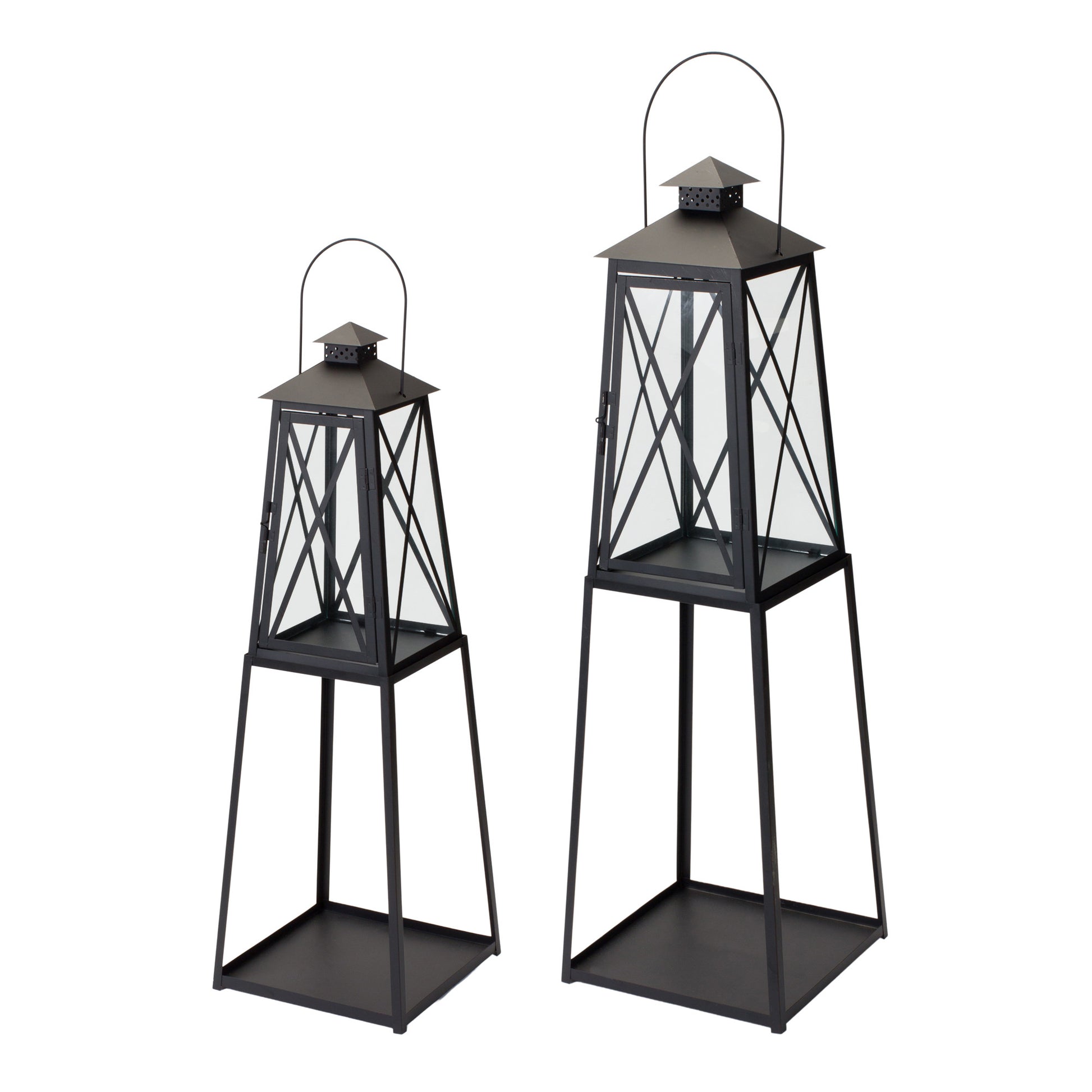 Set of Two Black Distressed Ornate Iron Tabletop Lantern Candle Holders-Candle Holders-DECOROLALA