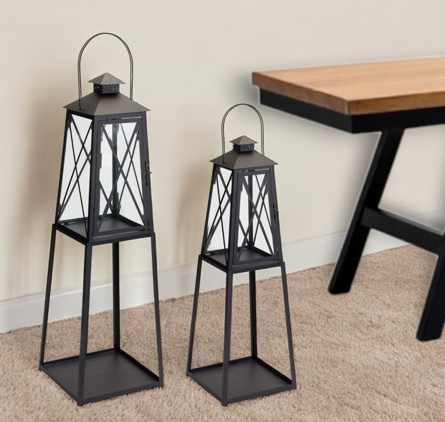 Set of Two Black Distressed Ornate Iron Tabletop Lantern Candle Holders-Candle Holders-DECOROLALA