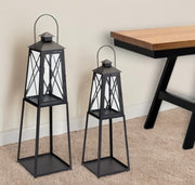 Set of Two Black Distressed Ornate Iron Tabletop Lantern Candle Holders-Candle Holders-DECOROLALA