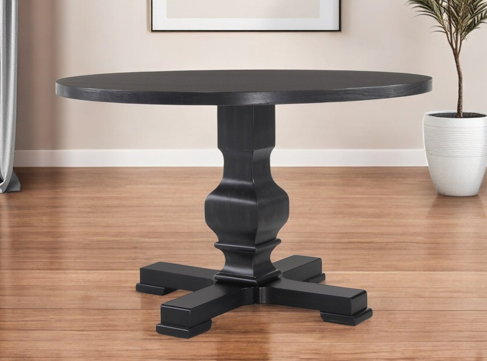 47" Black Rounded Solid Wood Pedestal Base Dining Table-Dining Tables-DECOROLALA