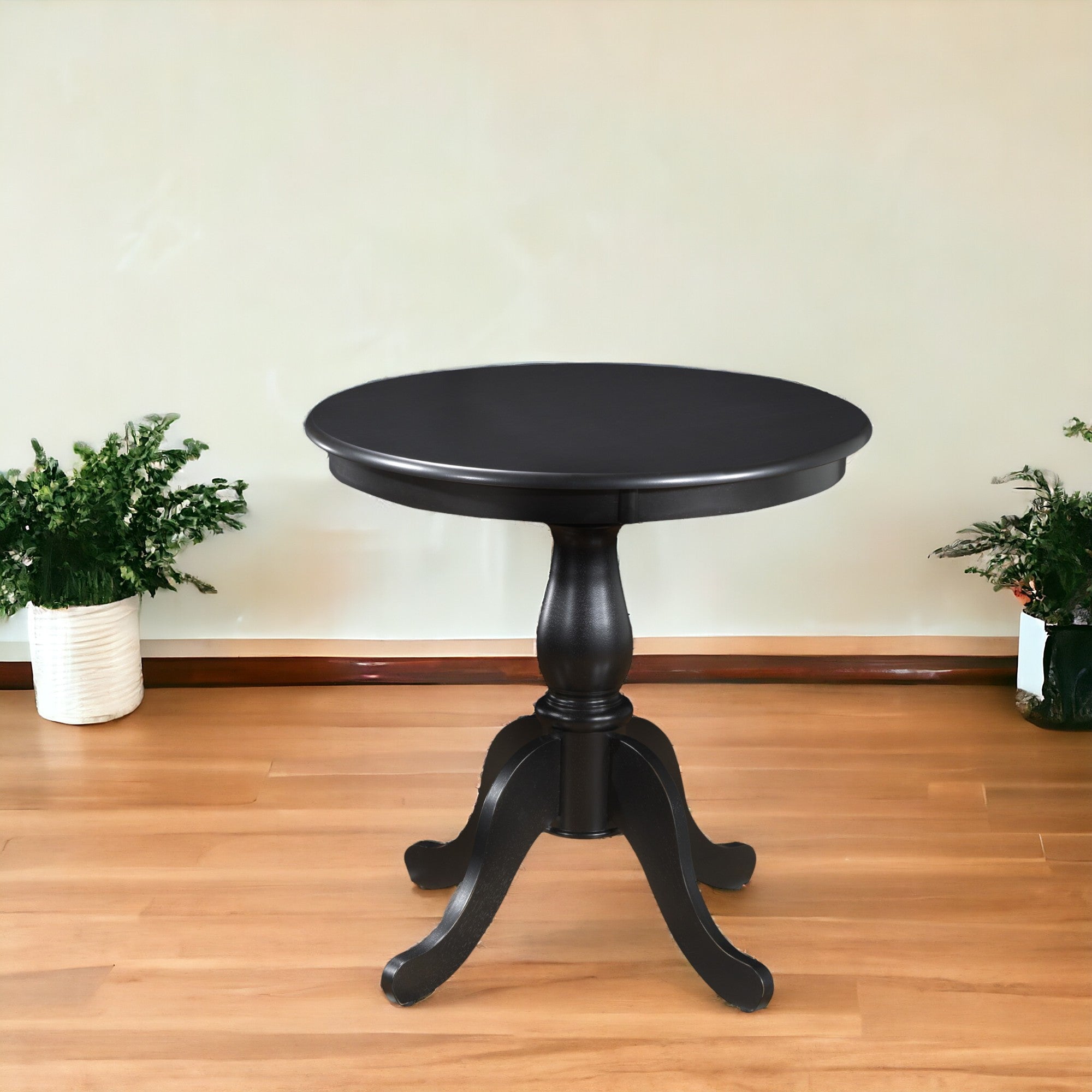 30" Black Rounded Solid Manufactured Wood And Solid Wood Pedestal Base Dining Table-Dining Tables-DECOROLALA