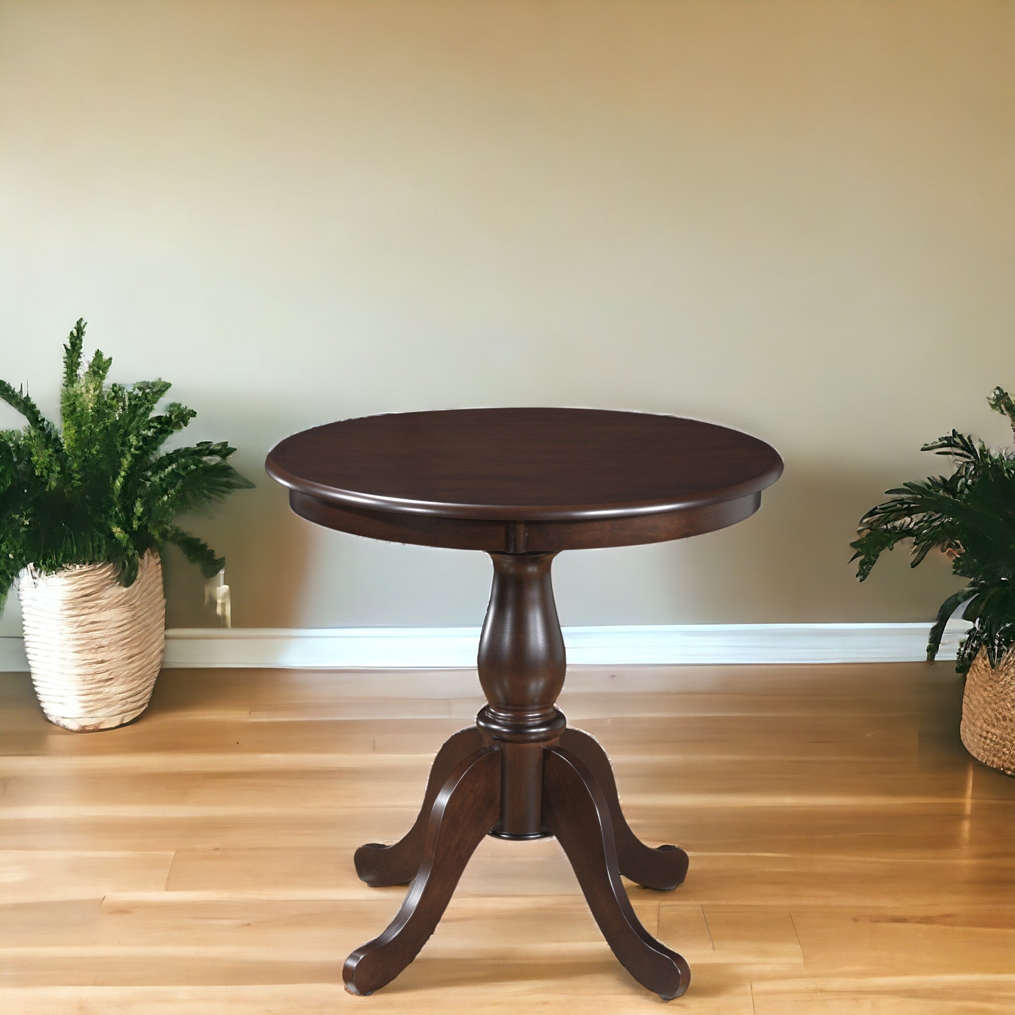 30" Espresso Rounded Solid Manufactured Wood And Solid Wood Pedestal Base Dining Table-Dining Tables-DECOROLALA