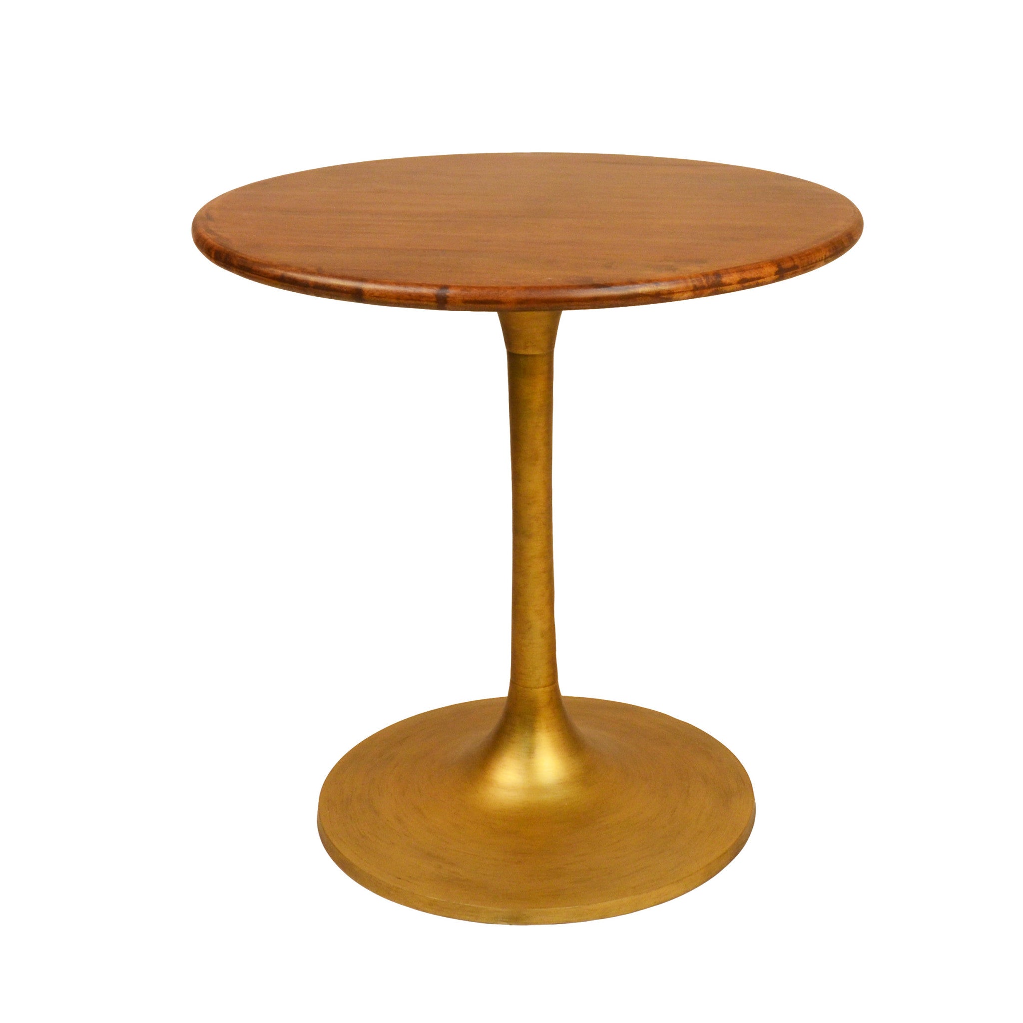 30" Brown And Gold Rounded Solid Wood And Iron Pedestal Base Dining Table-Dining Tables-DECOROLALA