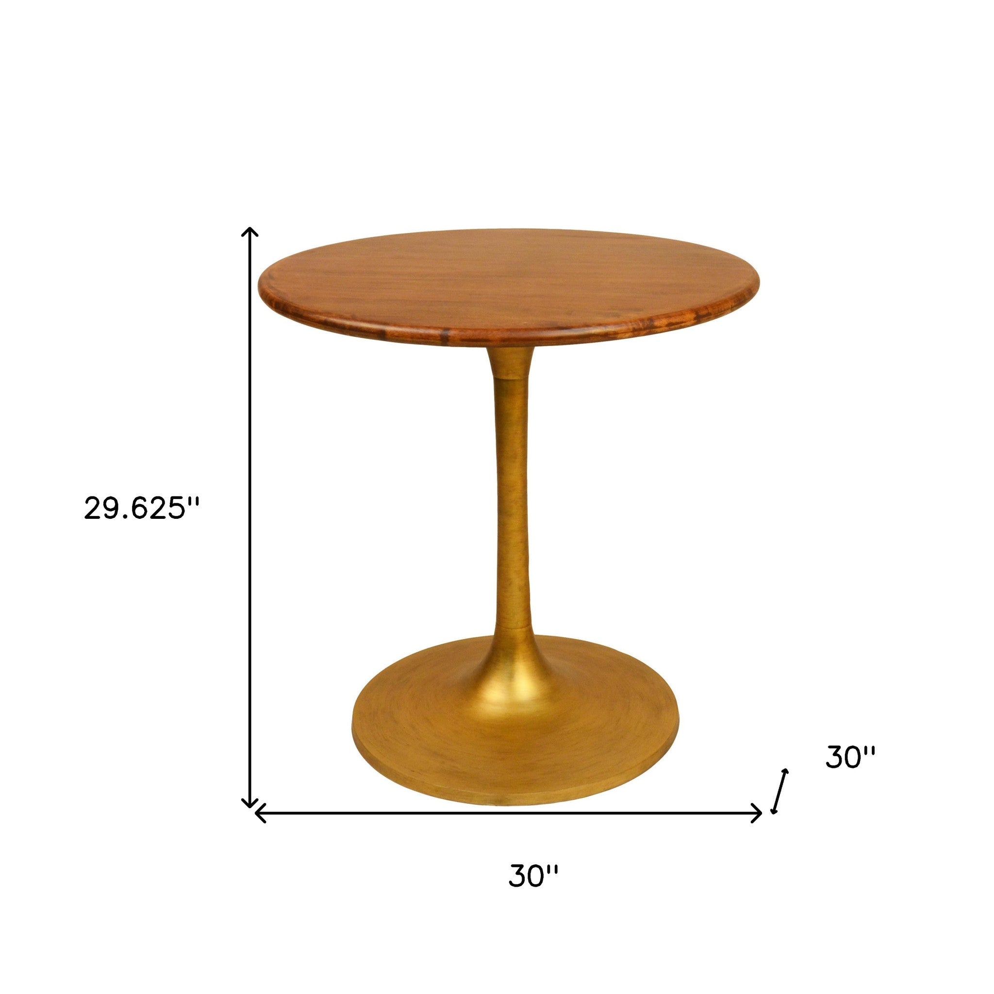 30" Brown And Gold Rounded Solid Wood And Iron Pedestal Base Dining Table-Dining Tables-DECOROLALA