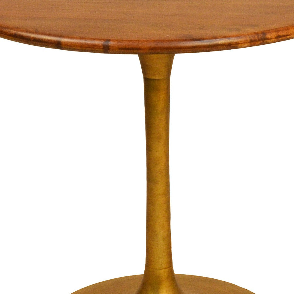 30" Brown And Gold Rounded Solid Wood And Iron Pedestal Base Dining Table-Dining Tables-DECOROLALA