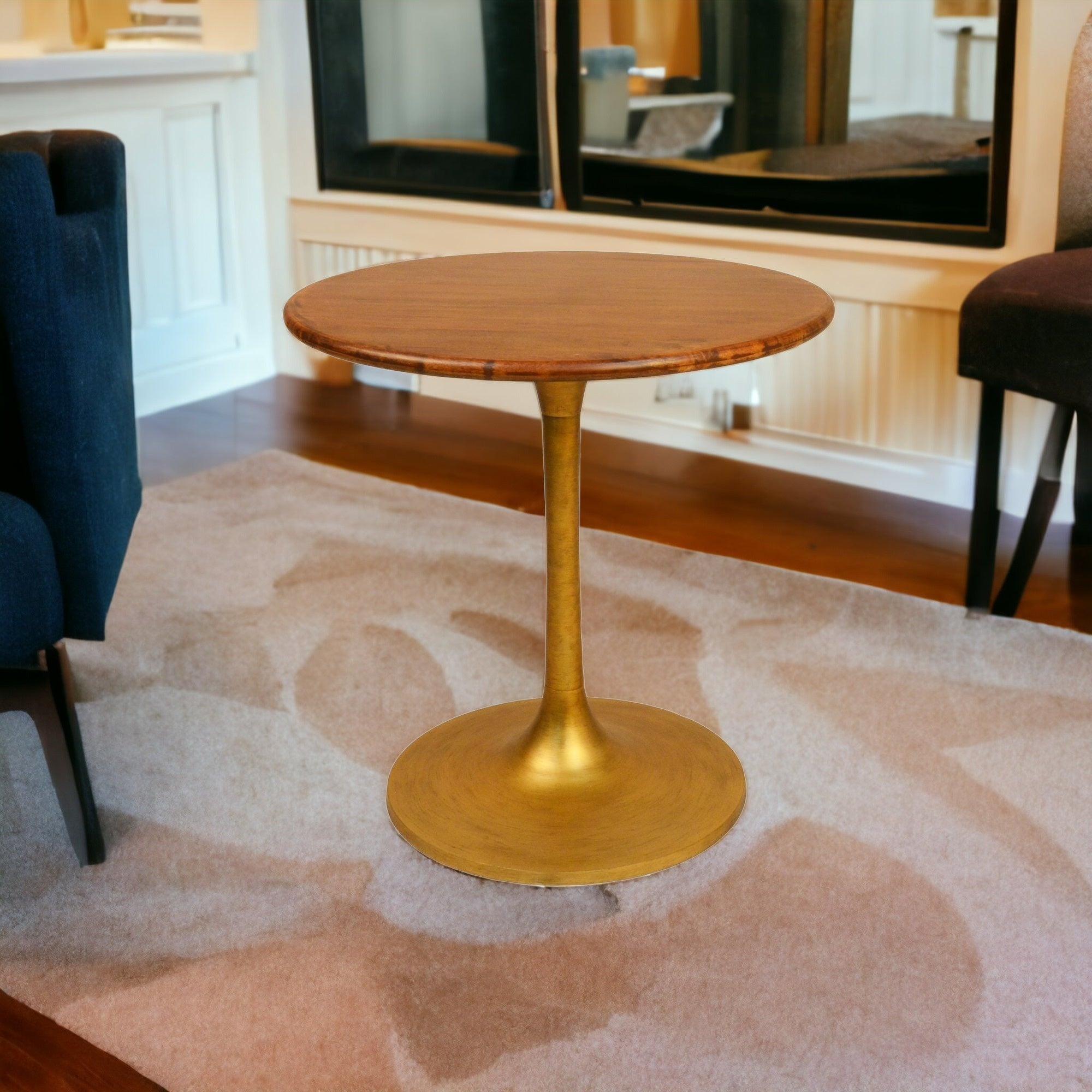 30" Brown And Gold Rounded Solid Wood And Iron Pedestal Base Dining Table-Dining Tables-DECOROLALA