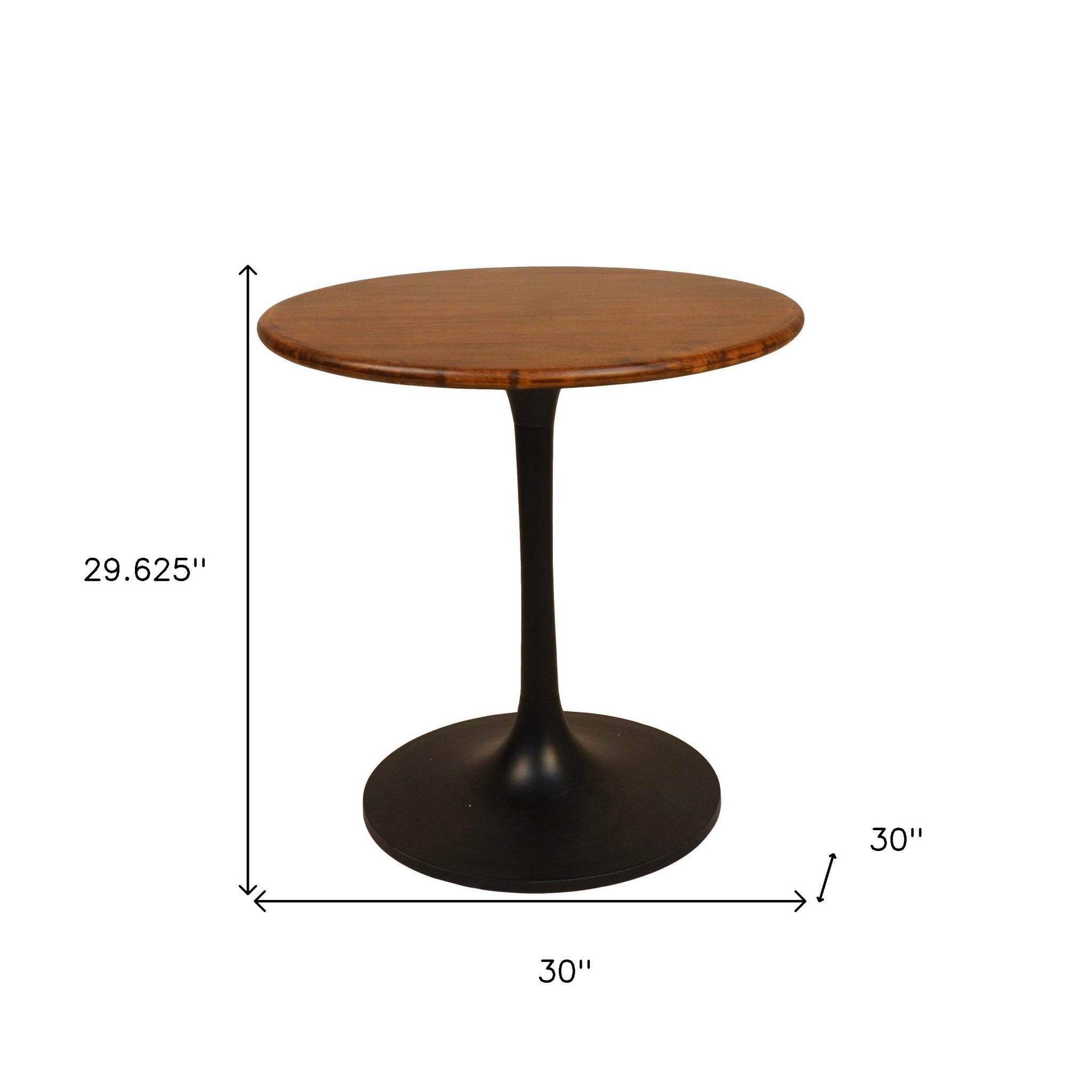 30" Brown And Black Rounded Solid Wood And Iron Pedestal Base Dining Table-Dining Tables-DECOROLALA