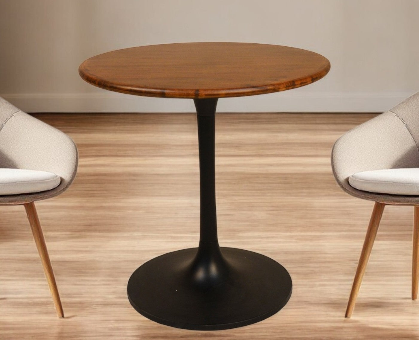 30" Brown And Black Rounded Solid Wood And Iron Pedestal Base Dining Table-Dining Tables-DECOROLALA