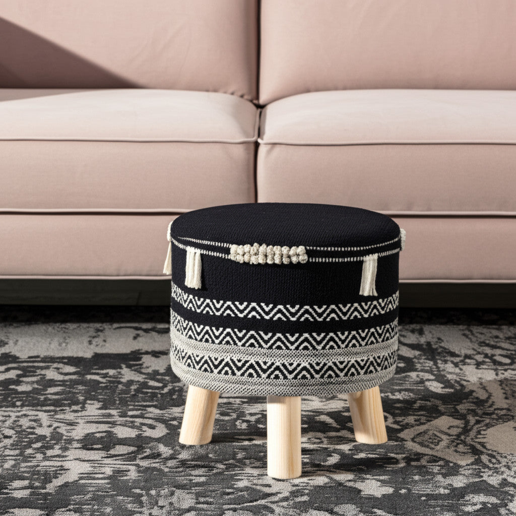 16" Black And White Cotton And Natural Round Chevron Ottoman-Ottomans-DECOROLALA