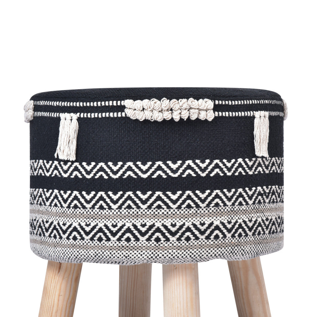 16" Black And White Cotton And Natural Round Chevron Ottoman-Ottomans-DECOROLALA