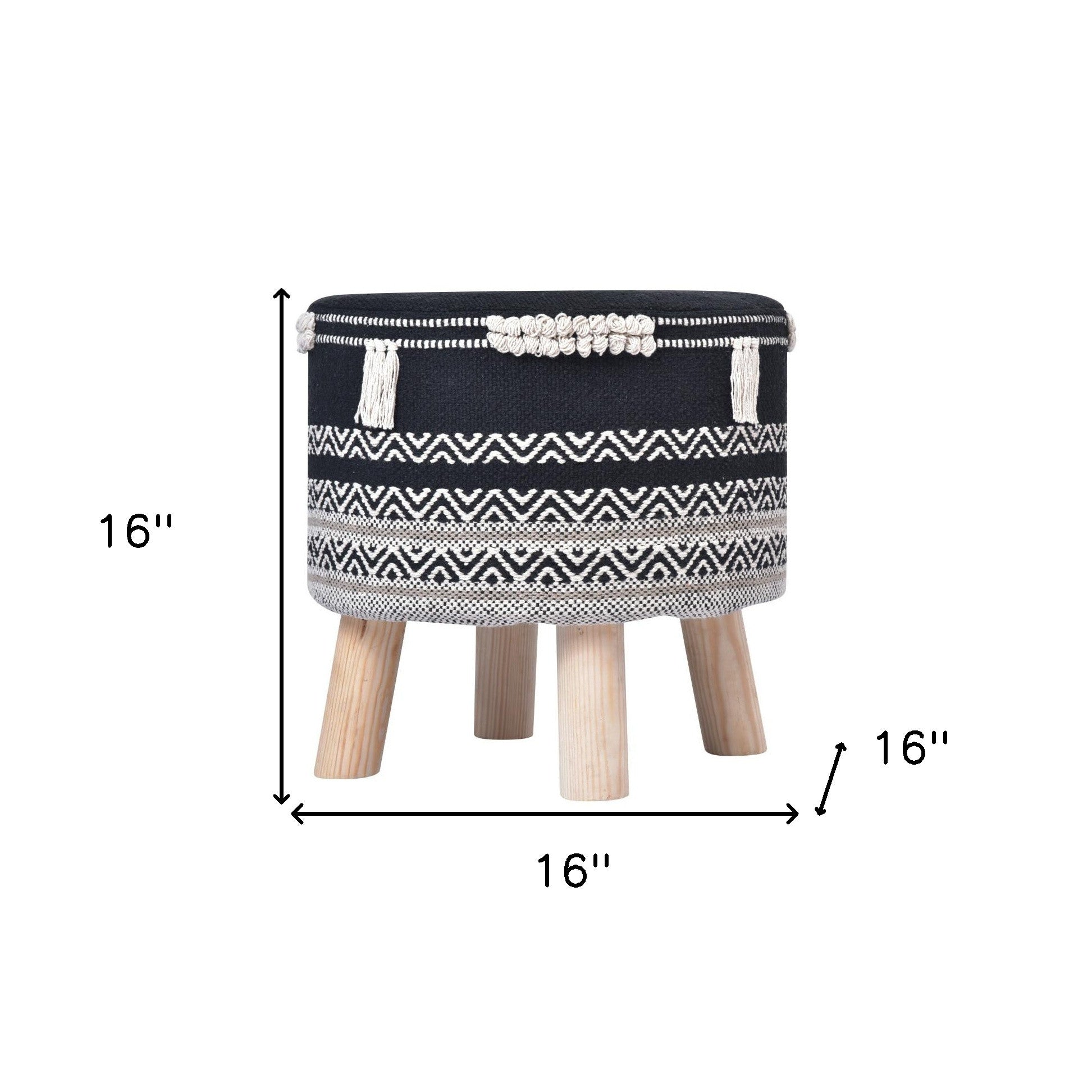 16" Black And White Cotton And Natural Round Chevron Ottoman-Ottomans-DECOROLALA