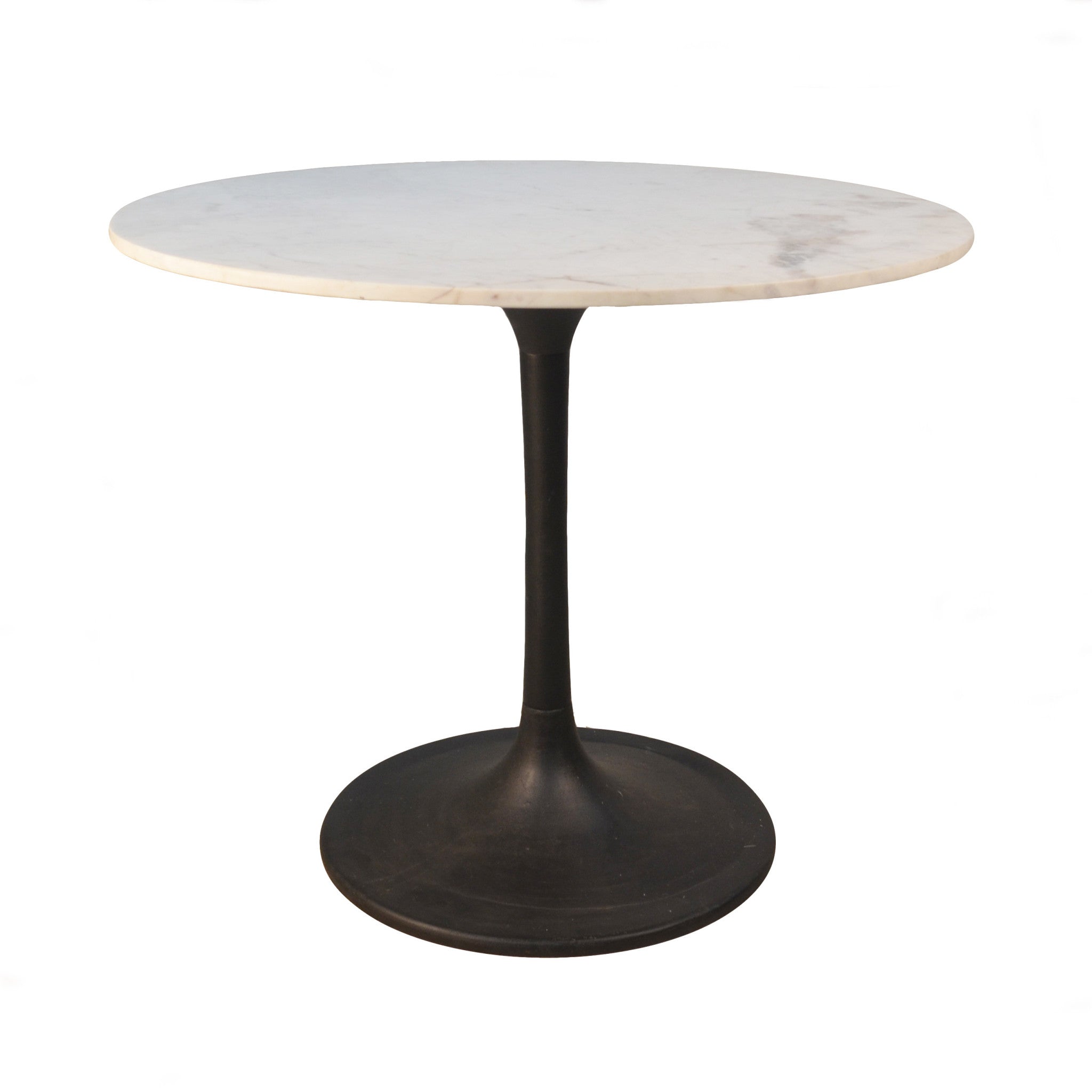 36" White And Black Rounded Marble And Iron Pedestal Base Dining Table-Dining Tables-DECOROLALA
