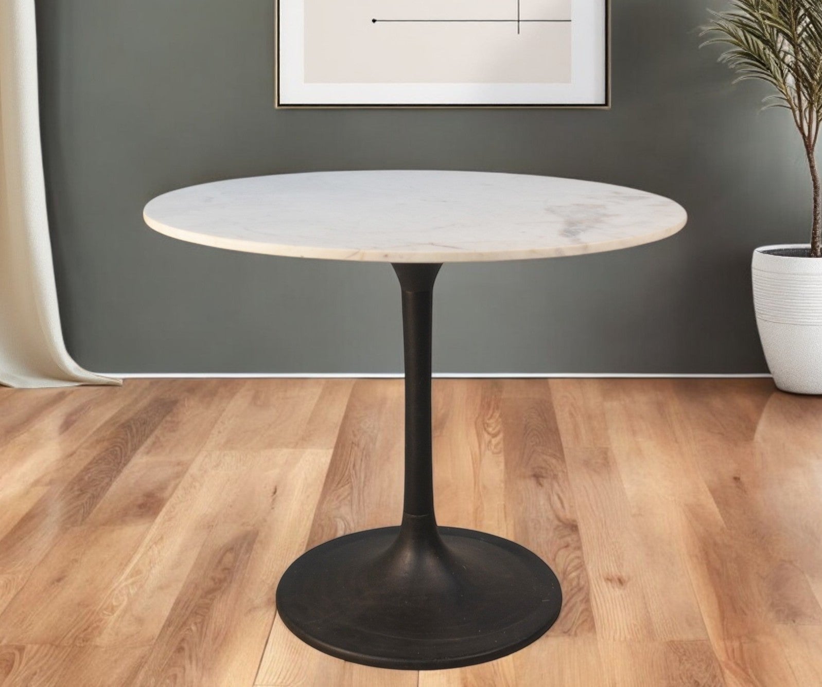 36" White And Black Rounded Marble And Iron Pedestal Base Dining Table-Dining Tables-DECOROLALA