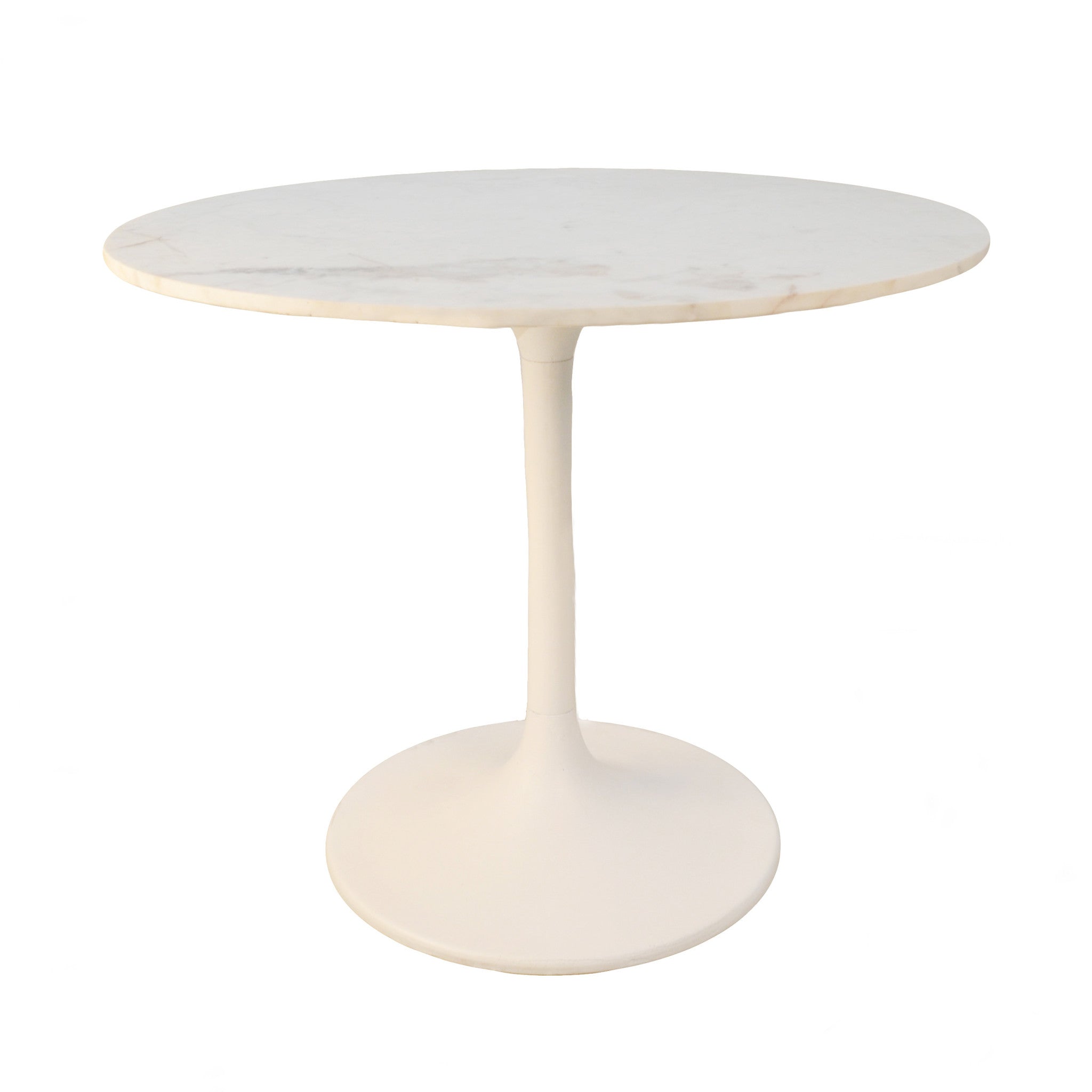 36" White Rounded Marble And Iron Pedestal Base Dining Table-Dining Tables-DECOROLALA