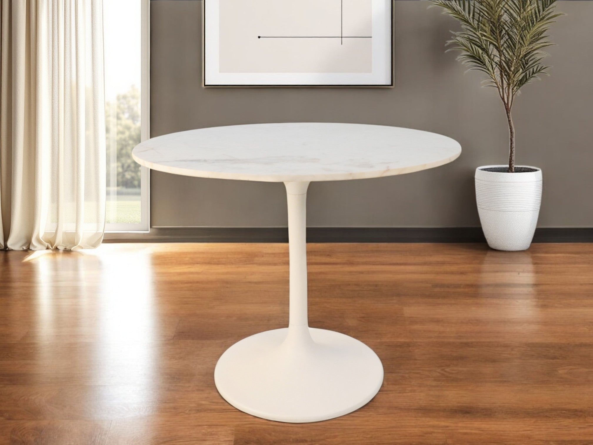 36" White Rounded Marble And Iron Pedestal Base Dining Table-Dining Tables-DECOROLALA