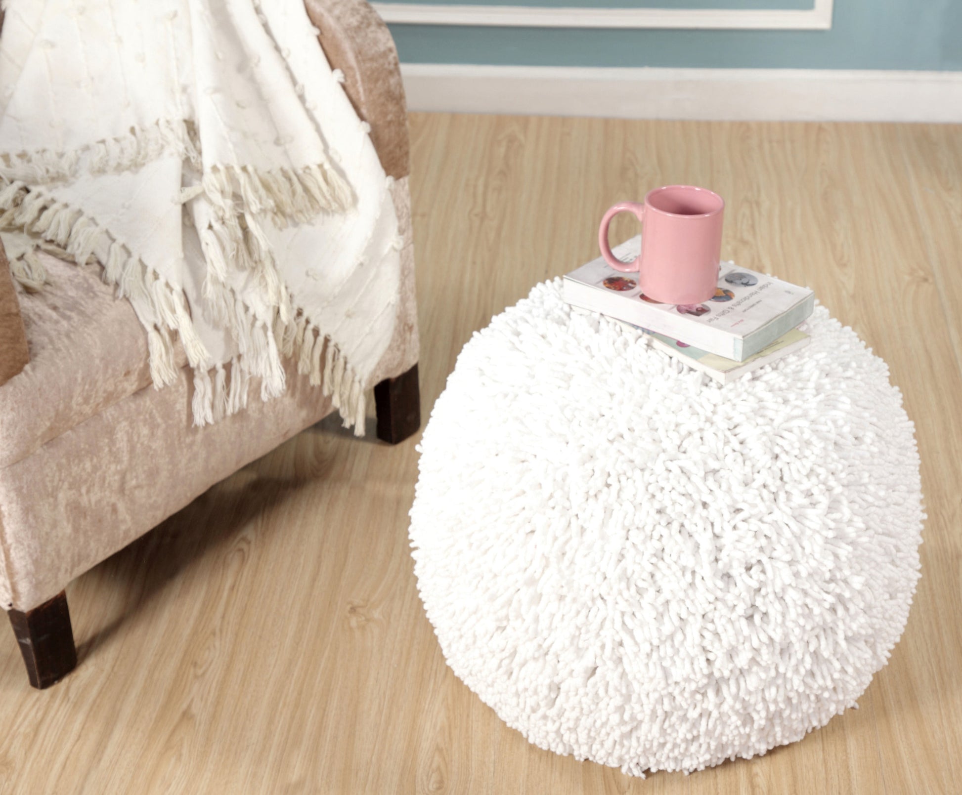20" Cream Cotton Tufted Round Geometric Pouf Ottoman-Ottomans-DECOROLALA