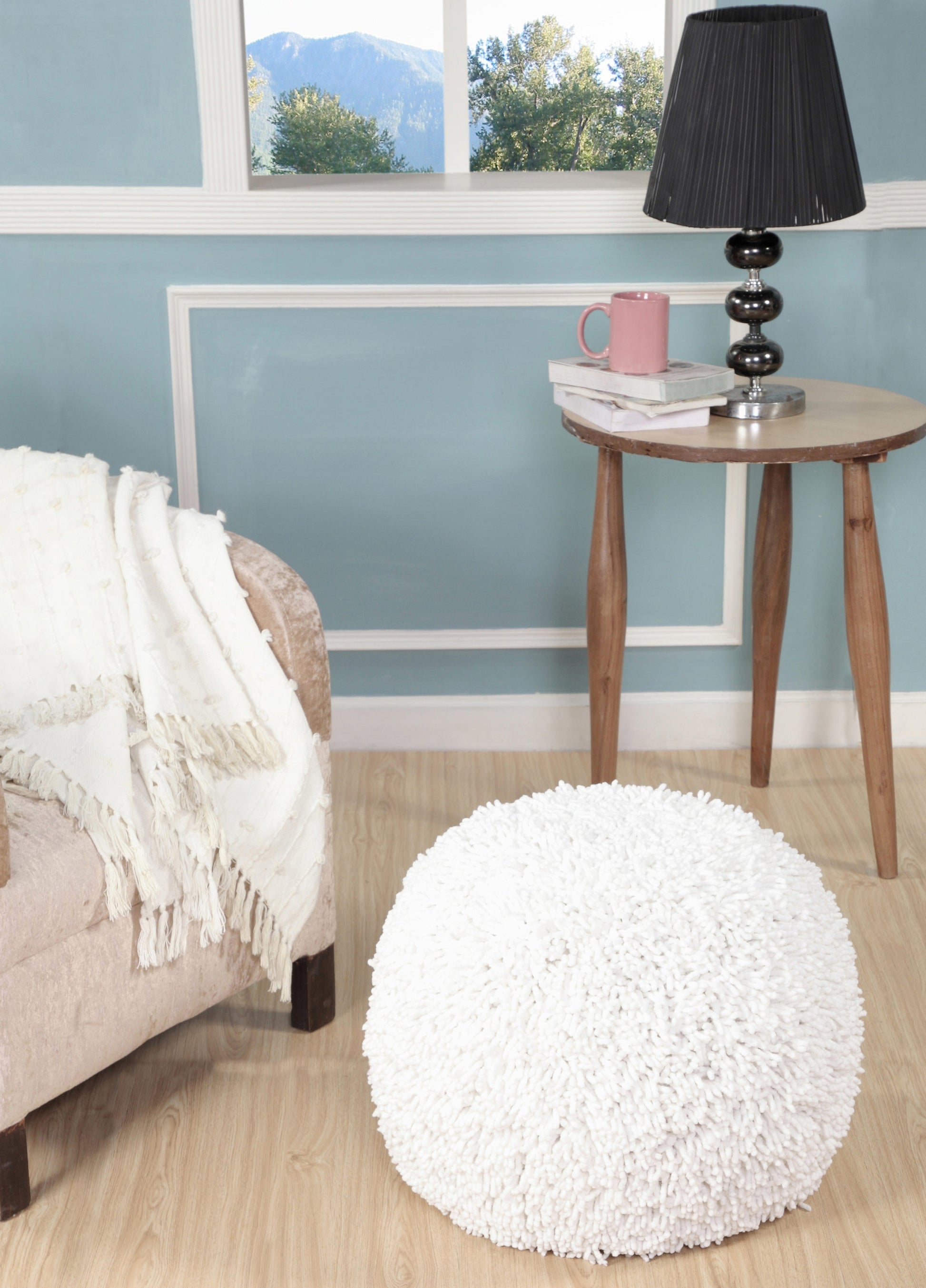 20" Cream Cotton Tufted Round Geometric Pouf Ottoman-Ottomans-DECOROLALA