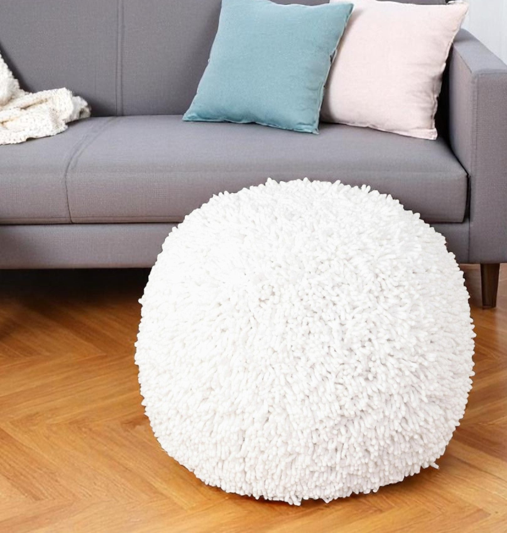 20" Cream Cotton Tufted Round Geometric Pouf Ottoman-Ottomans-DECOROLALA