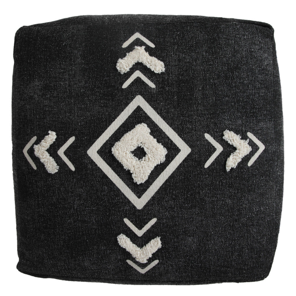 18" Black Cotton Geometric Pouf Ottoman-Ottomans-DECOROLALA