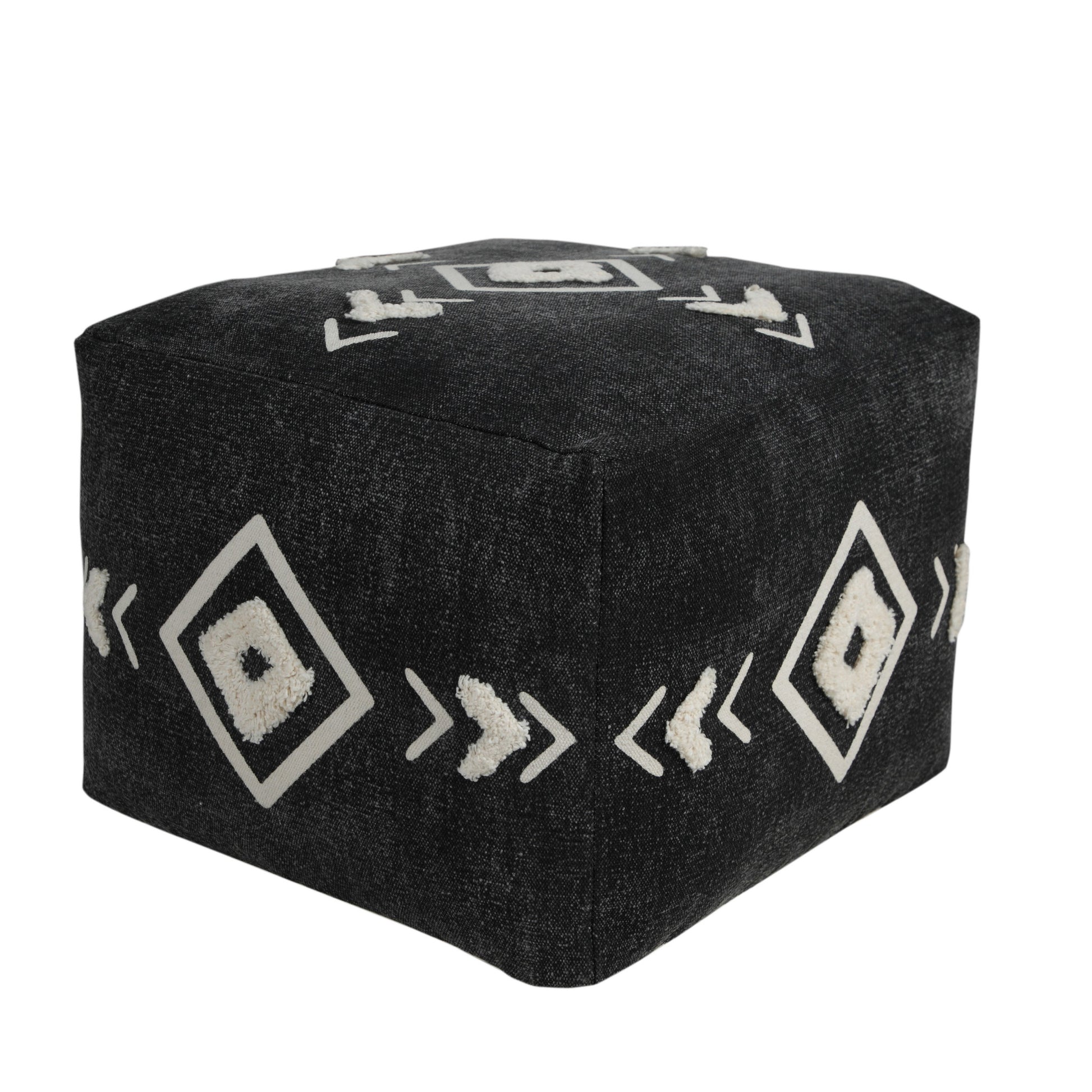 18" Black Cotton Geometric Pouf Ottoman-Ottomans-DECOROLALA