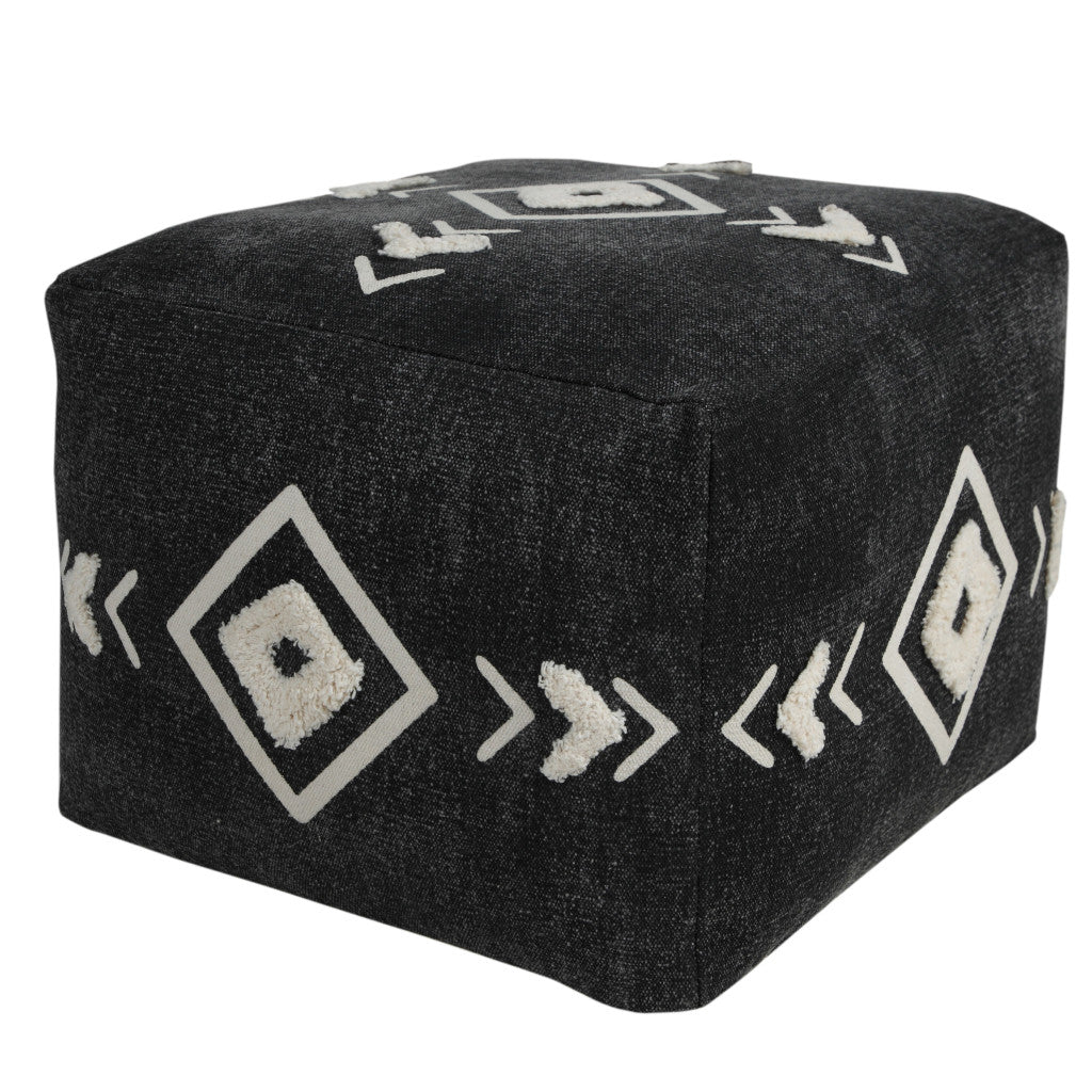 18" Black Cotton Geometric Pouf Ottoman-Ottomans-DECOROLALA