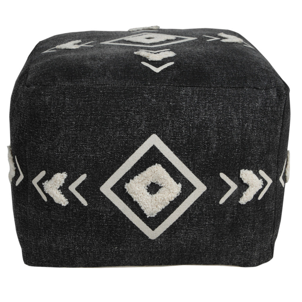 18" Black Cotton Geometric Pouf Ottoman-Ottomans-DECOROLALA