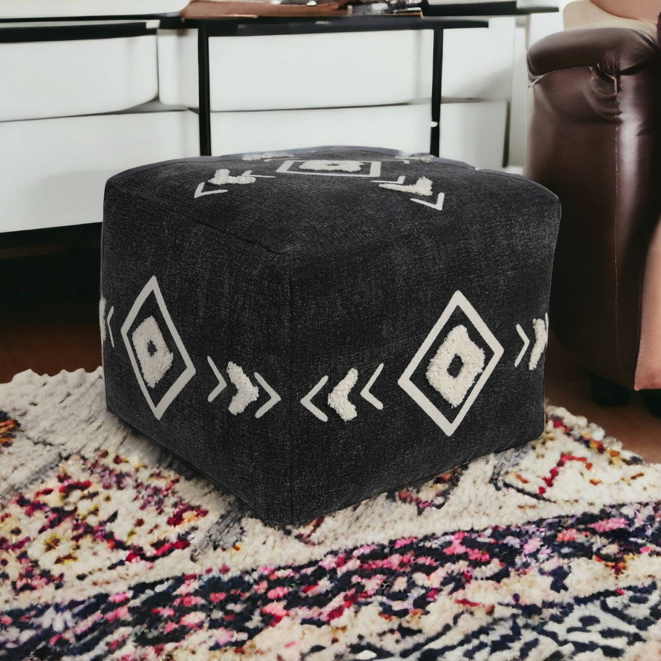 18" Black Cotton Geometric Pouf Ottoman-Ottomans-DECOROLALA