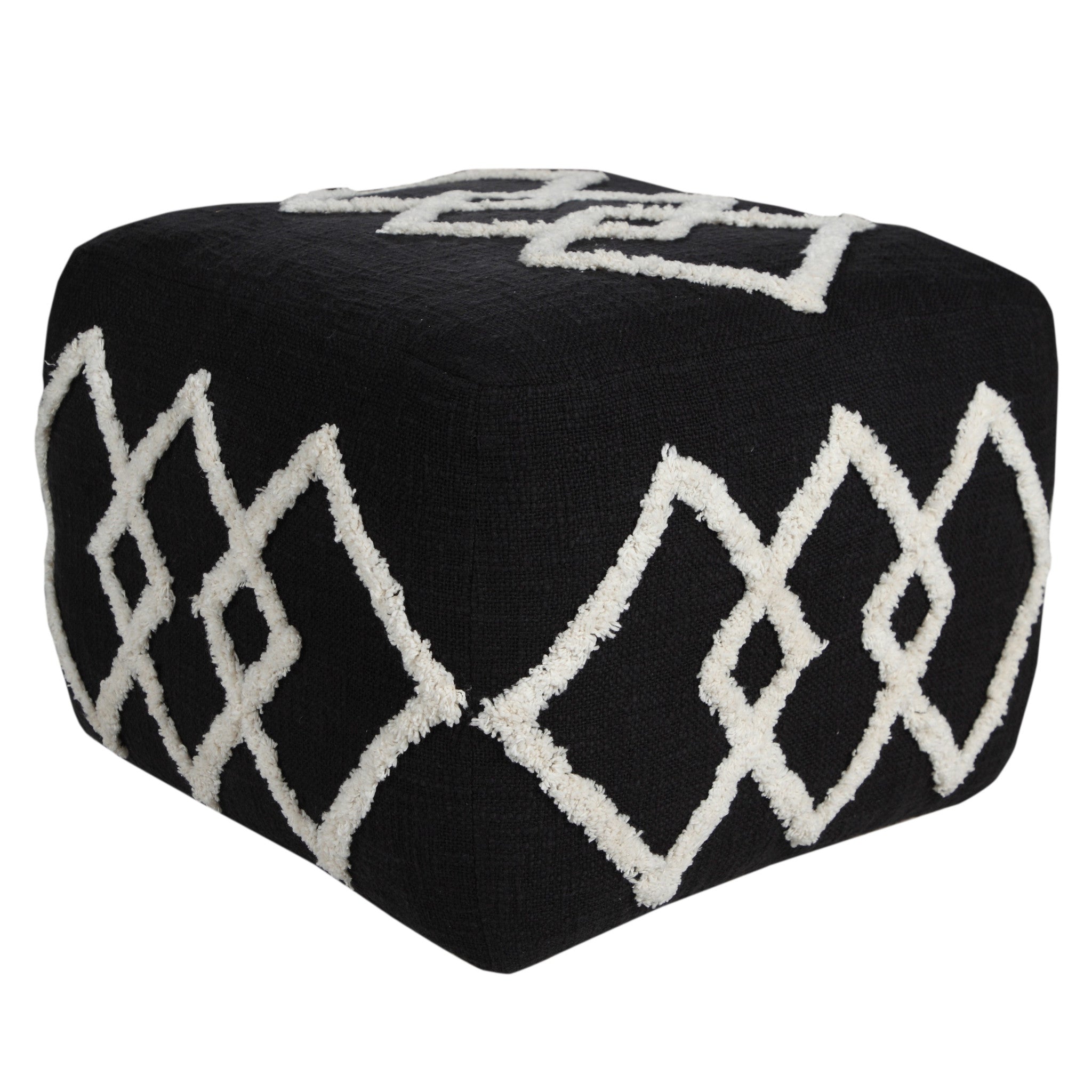 18" Black Cotton Geometric Pouf Ottoman-Ottomans-DECOROLALA