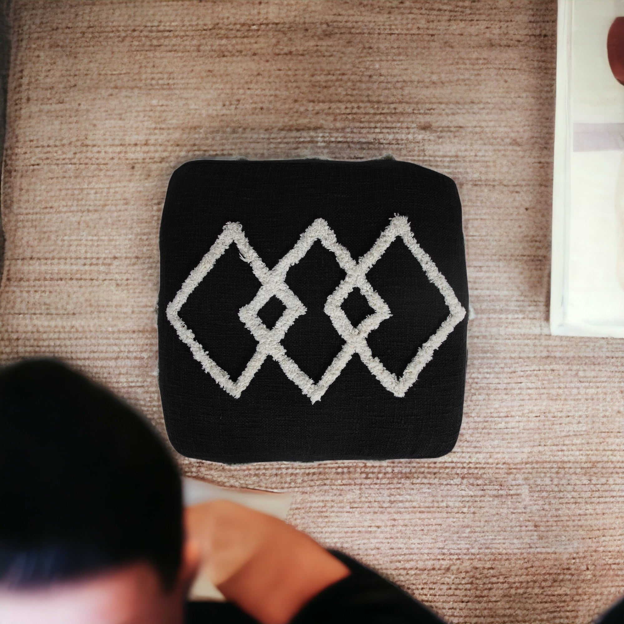 18" Black Cotton Geometric Pouf Ottoman-Ottomans-DECOROLALA