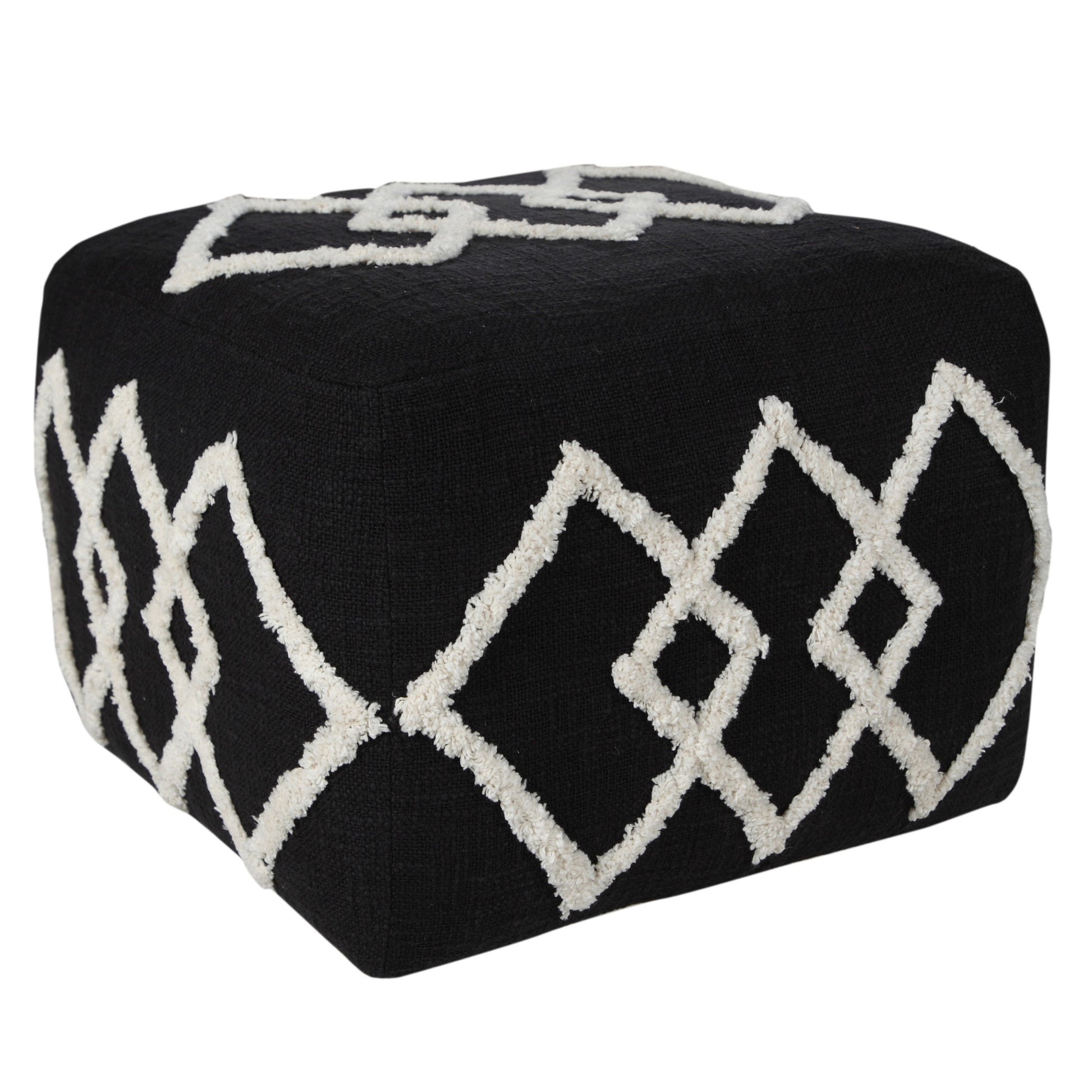 18" Black Cotton Geometric Pouf Ottoman-Ottomans-DECOROLALA