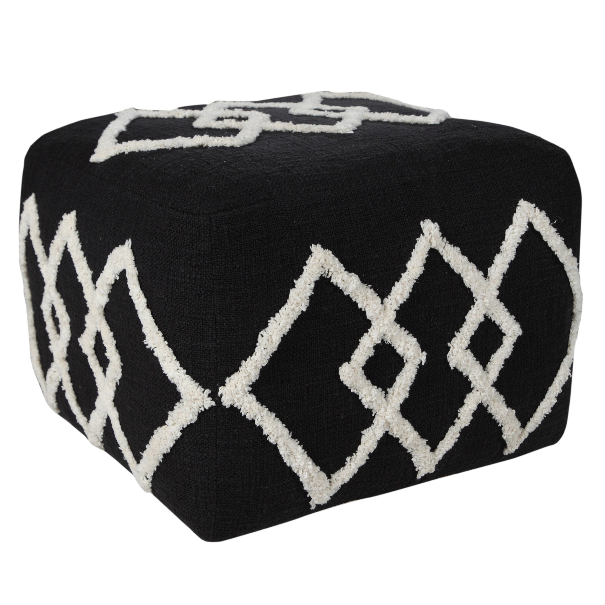 18" Black Cotton Geometric Pouf Ottoman-Ottomans-DECOROLALA