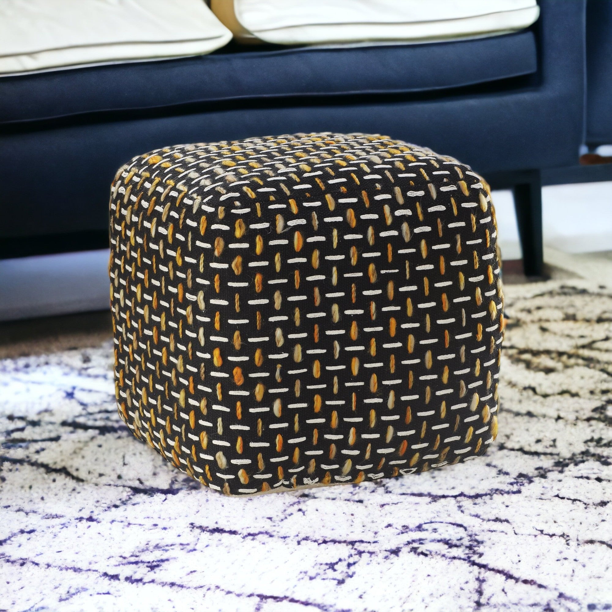 16" Black Fabric Geometric Pouf Ottoman-Ottomans-DECOROLALA