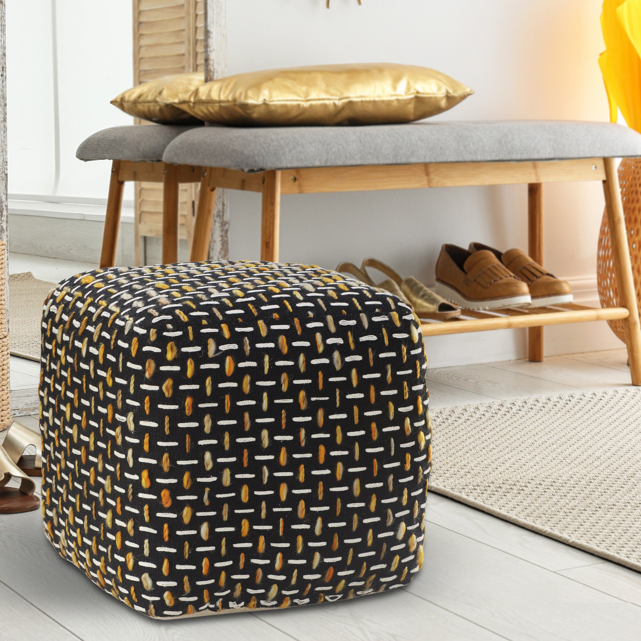 16" Black Fabric Geometric Pouf Ottoman-Ottomans-DECOROLALA