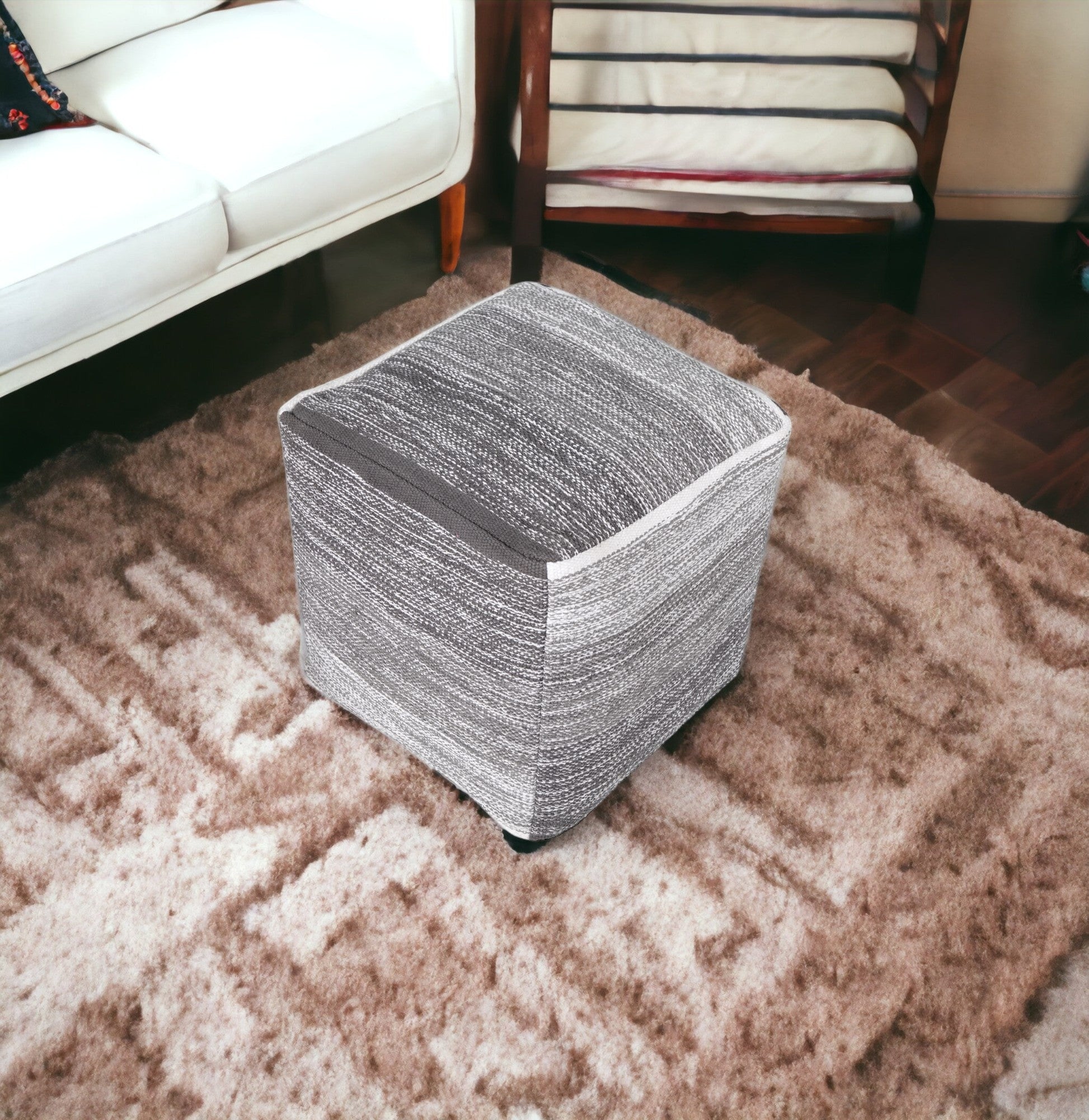 16" Gray Cotton Striped Pouf Ottoman-Ottomans-DECOROLALA