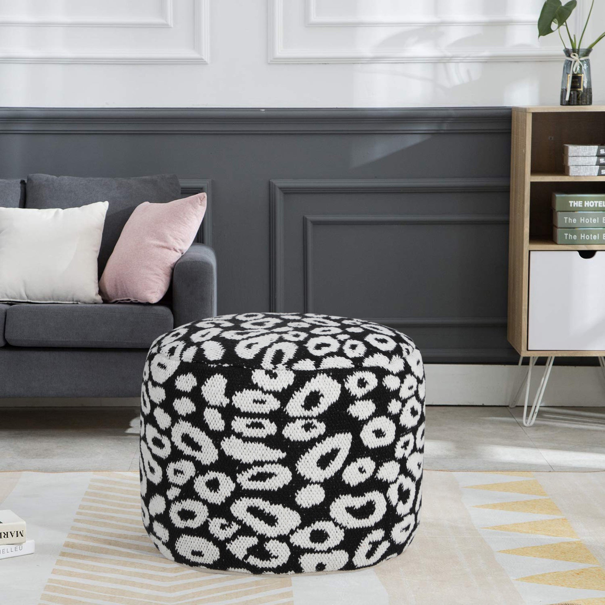 18" Black Cylinder Abstract Pouf Ottoman-Ottomans-DECOROLALA