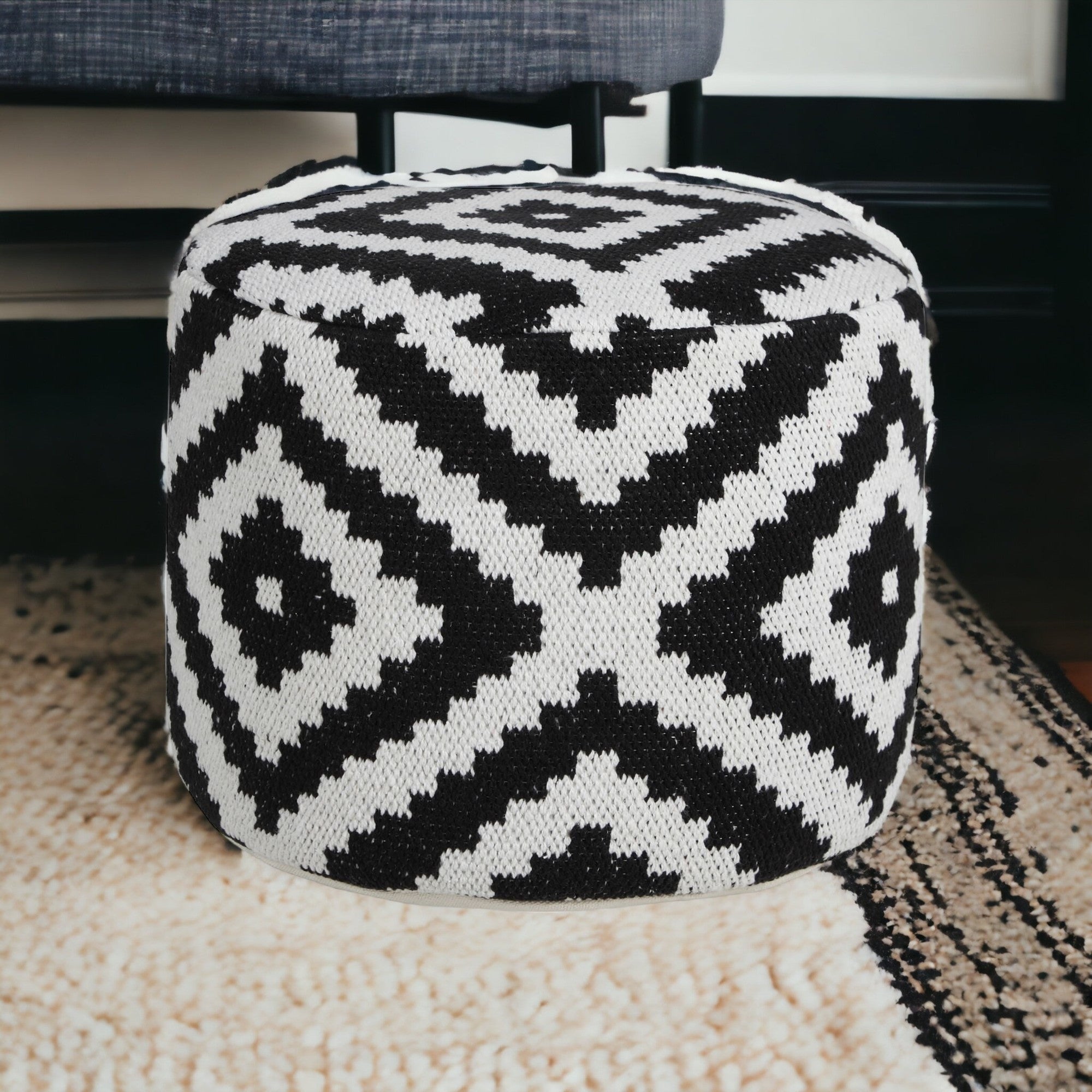 18" Black Cylinder Geometric Pouf Ottoman-Ottomans-DECOROLALA