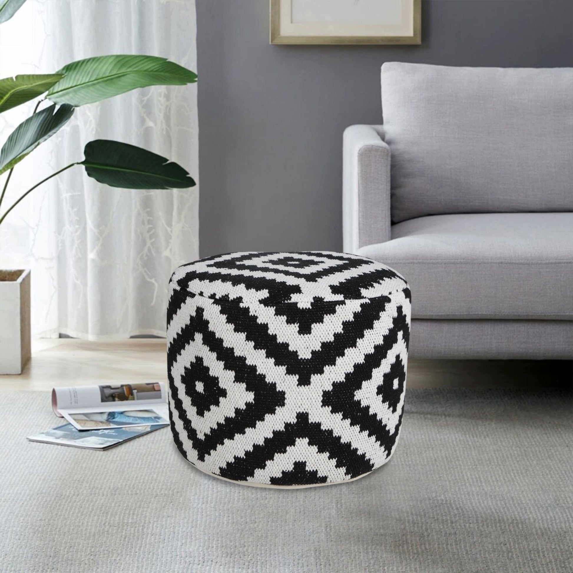 18" Black Cylinder Geometric Pouf Ottoman-Ottomans-DECOROLALA