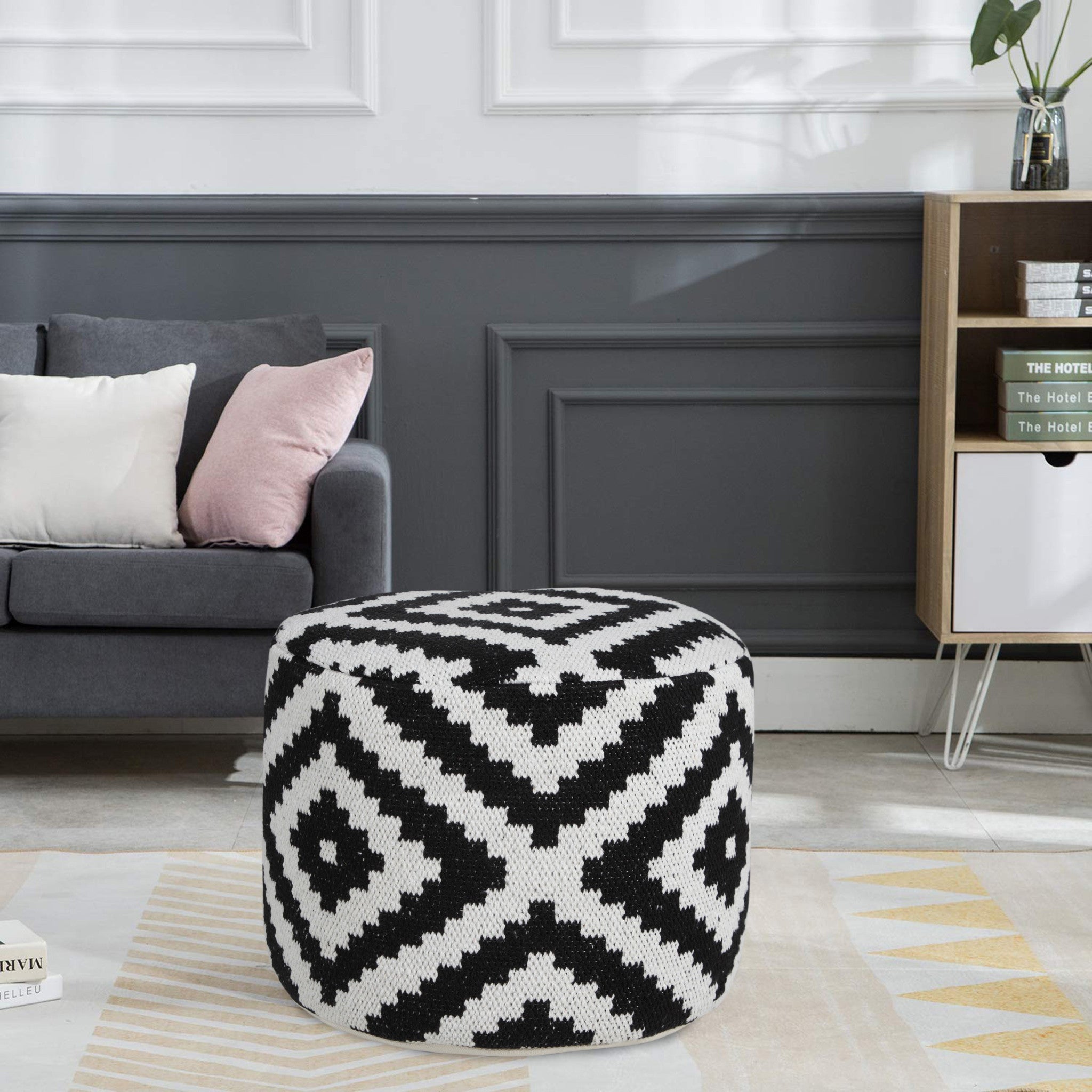 18" Black Cylinder Geometric Pouf Ottoman-Ottomans-DECOROLALA
