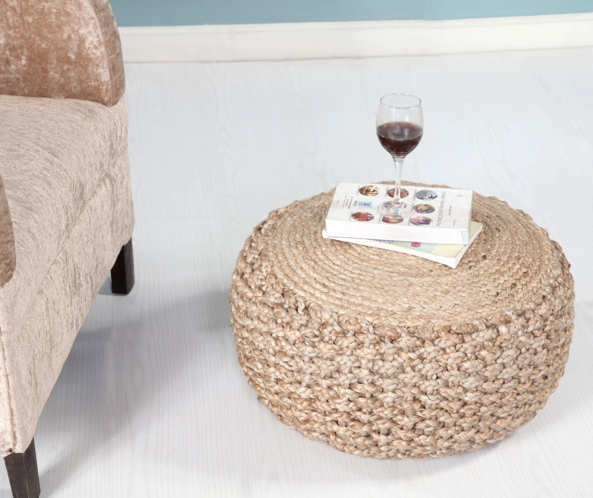 20" Tan Round Geometric Pouf Ottoman-Ottomans-DECOROLALA
