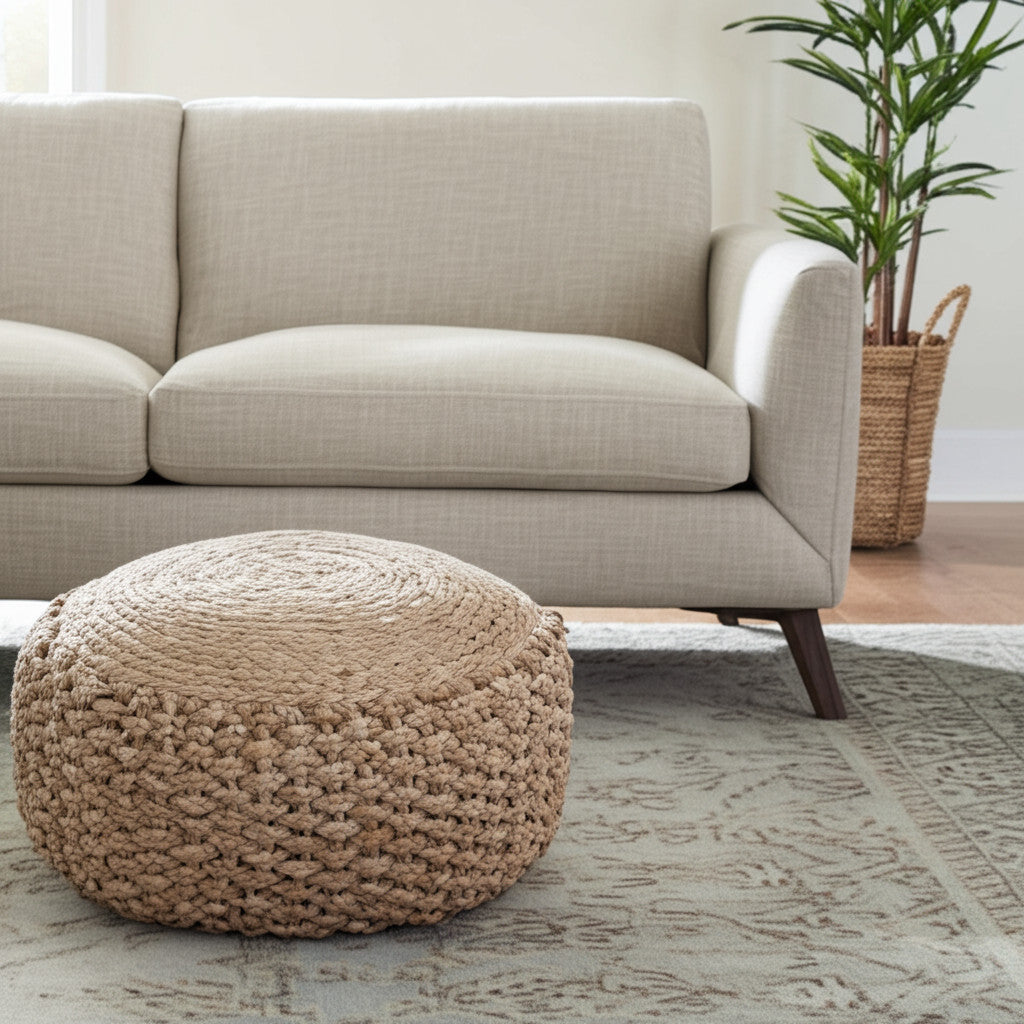 20" Tan Round Geometric Pouf Ottoman-Ottomans-DECOROLALA