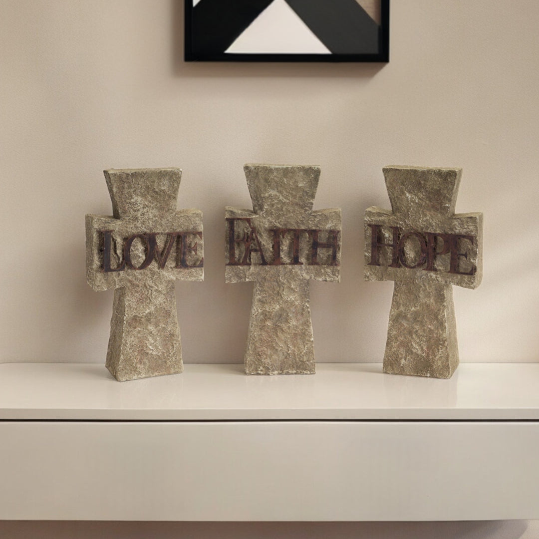 Set of Three 11" Gray Cement Cross Statue Tabletop Sculpture-Sculptures-DECOROLALA