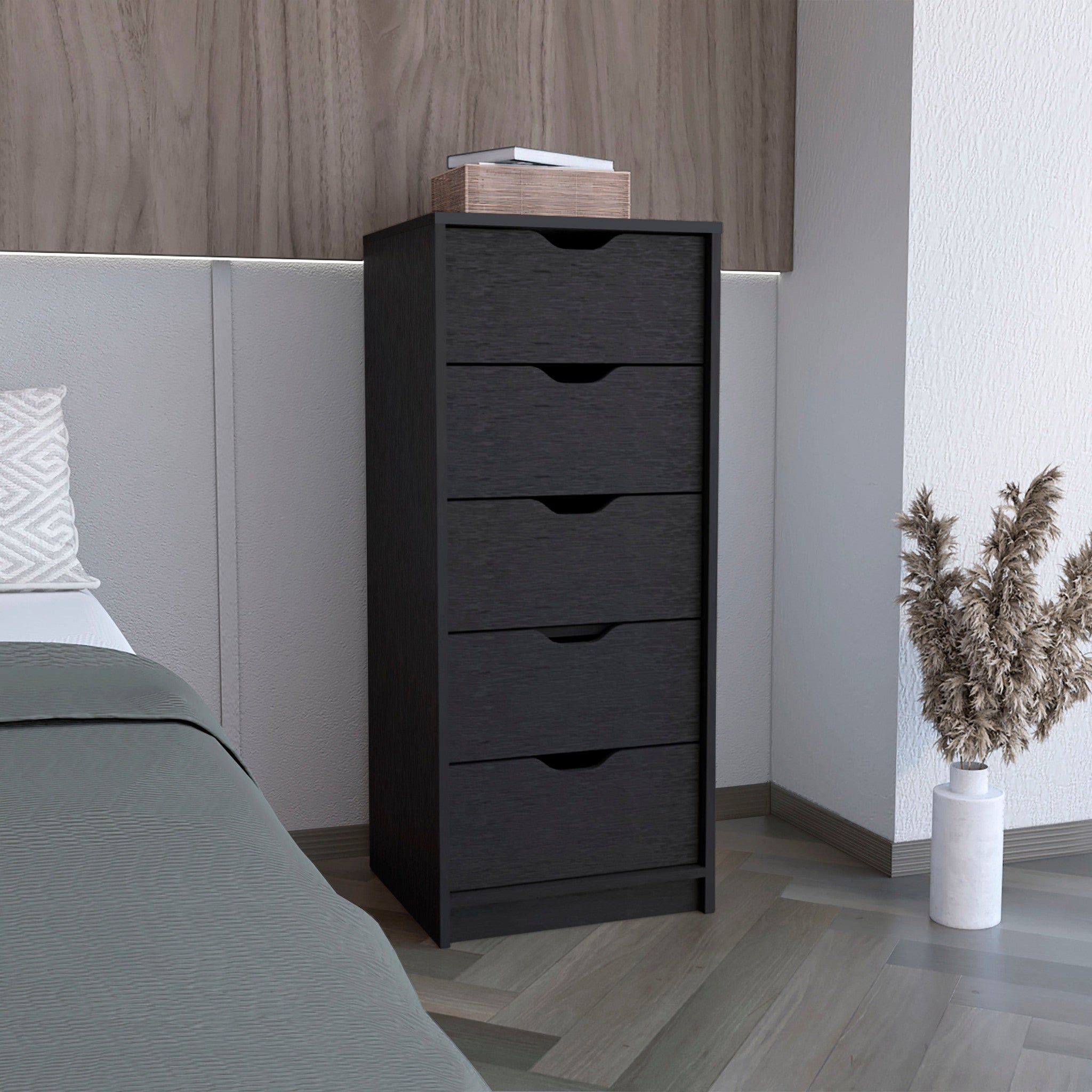 18" Black Charcoal Manufactured Wood Five Drawer Tall and Narrow Dresser-0