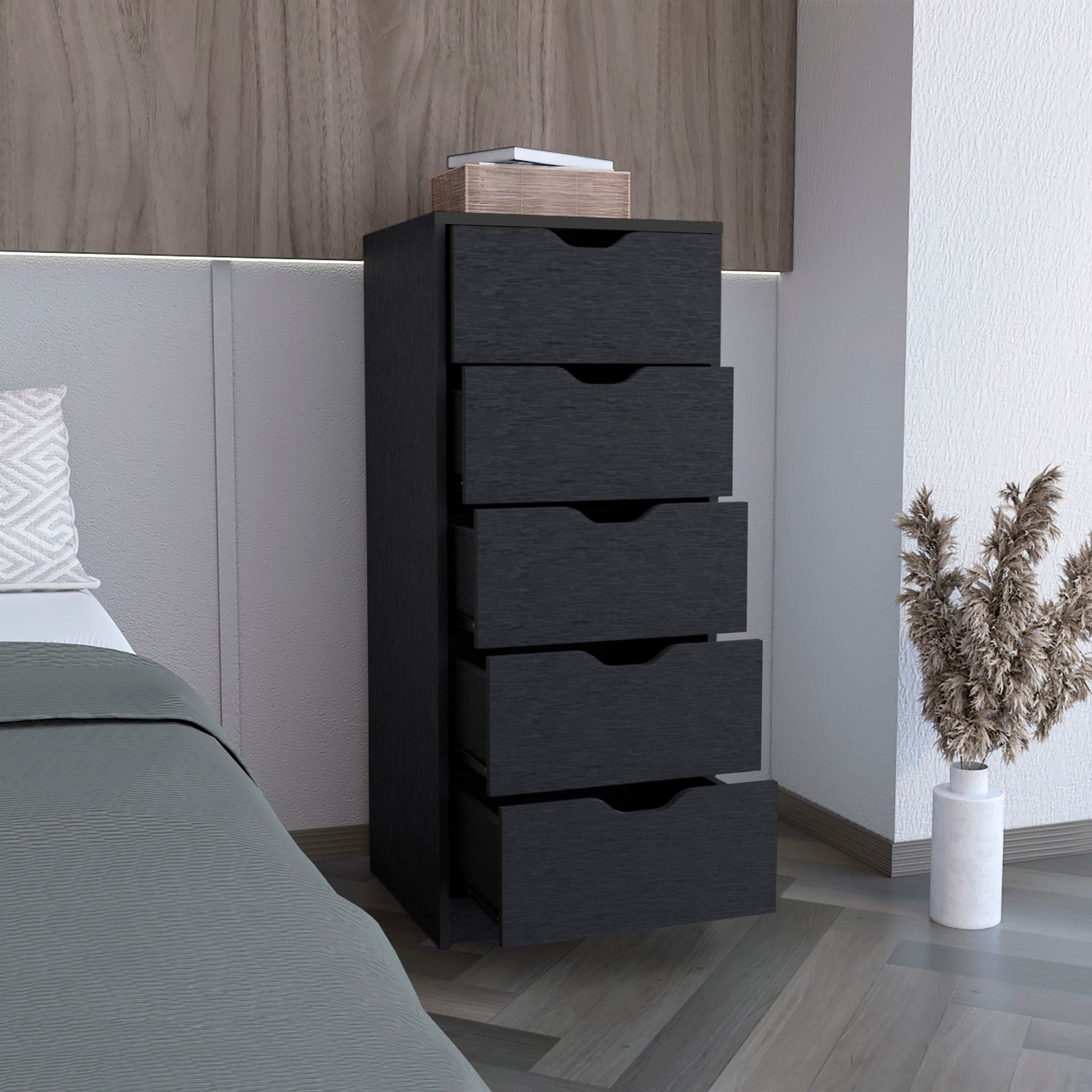 18" Black Charcoal Manufactured Wood Five Drawer Tall and Narrow Dresser-5