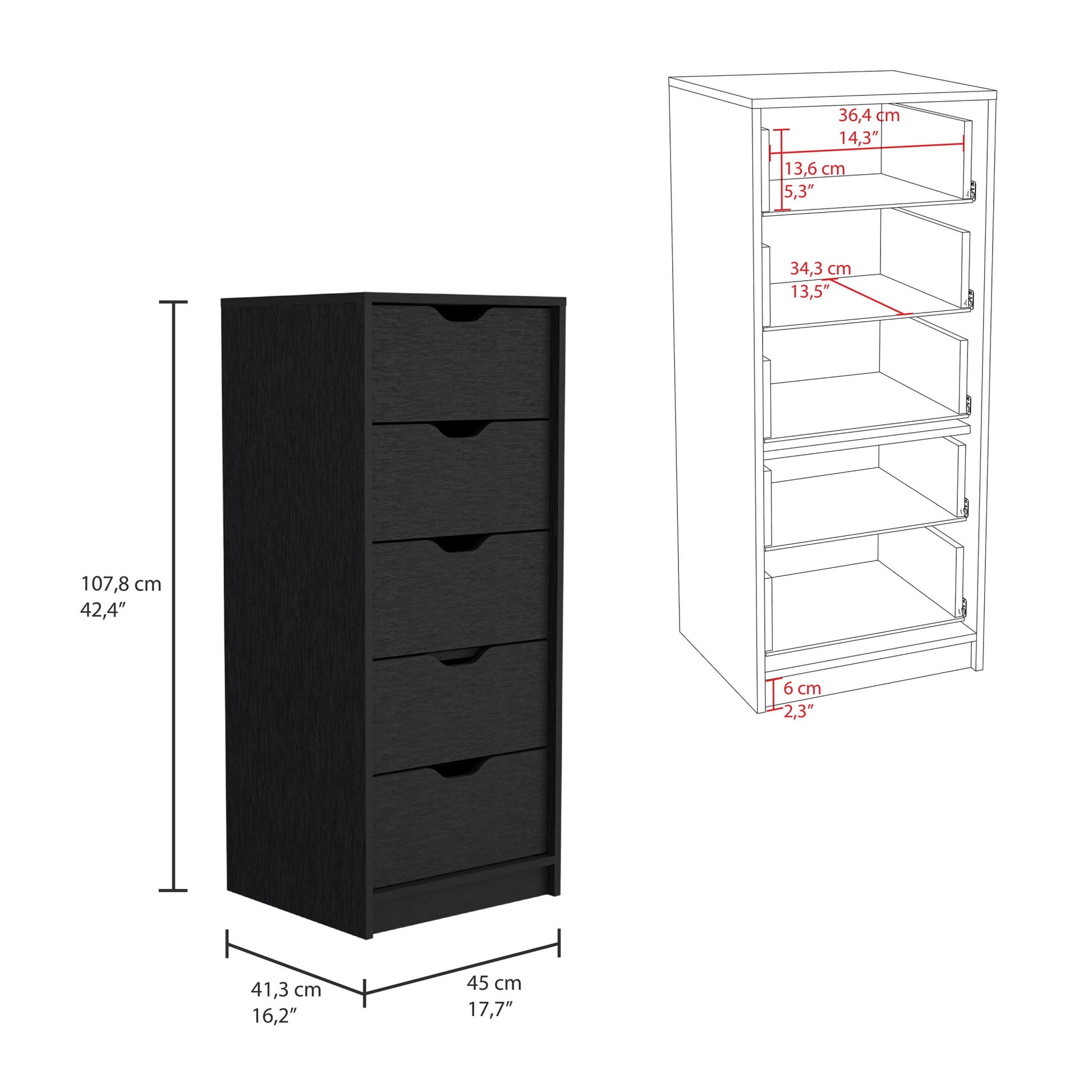18" Black Charcoal Manufactured Wood Five Drawer Tall and Narrow Dresser-6