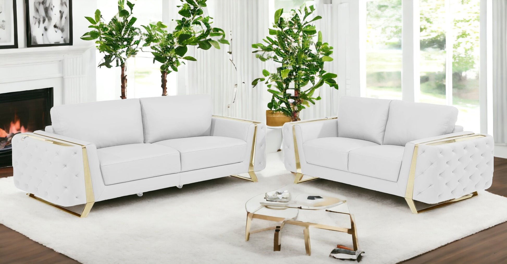 Two Piece Indoor White Italian Leather Five Person Seating Set-Seating Sets-DECOROLALA