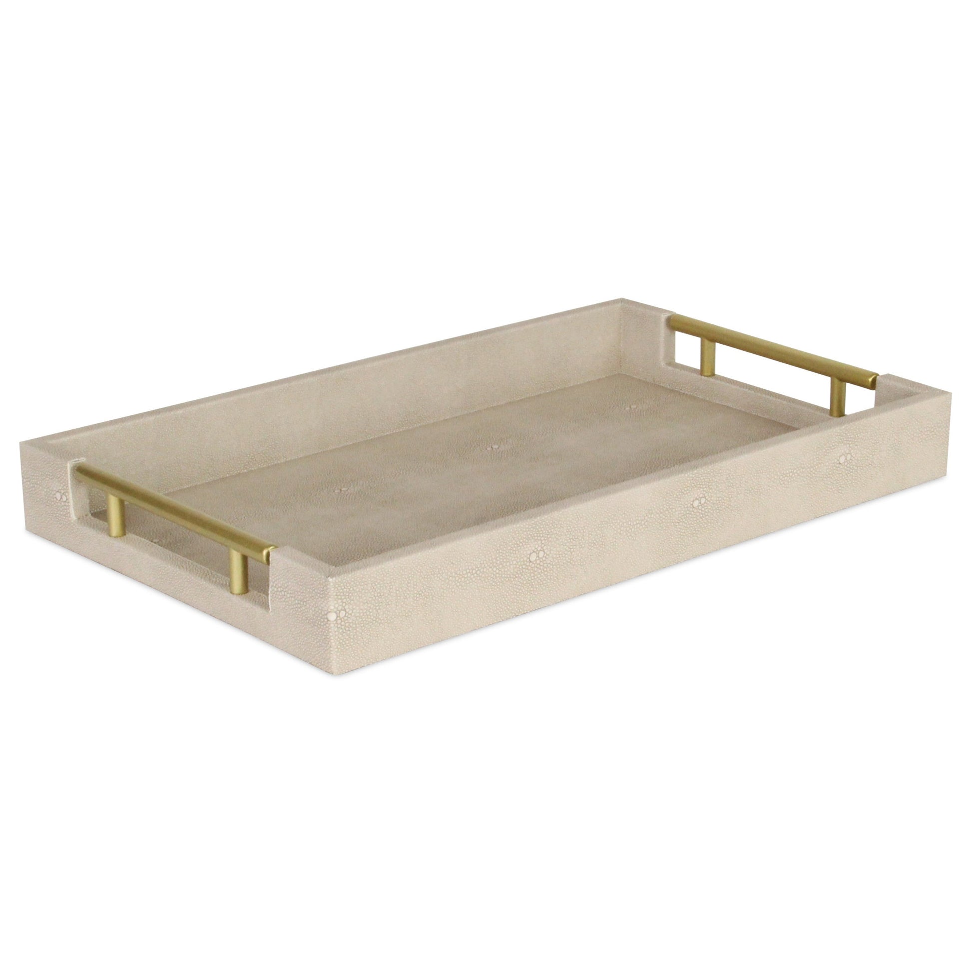 16" Cream Wood and Vinyl Faux Shagreen Serving Tray With Gold Handles-2
