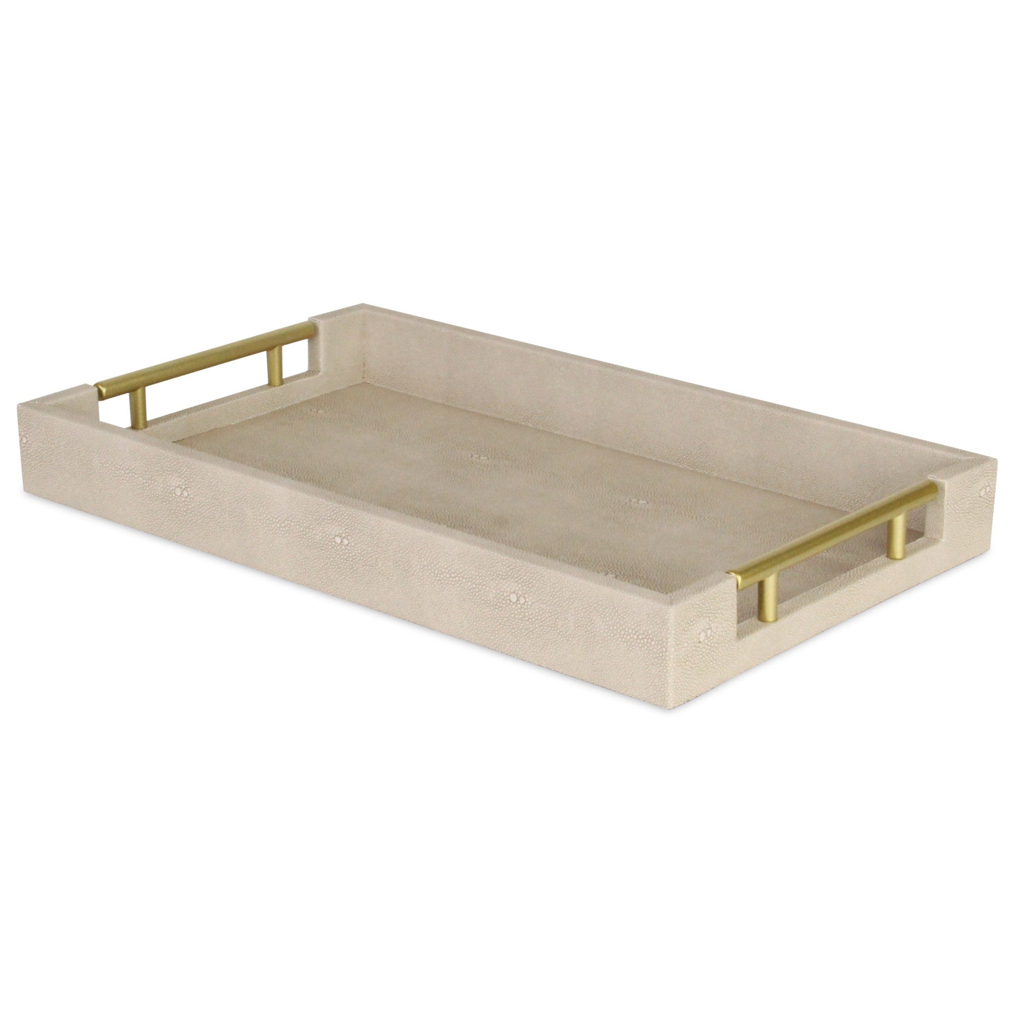 16" Cream Wood and Vinyl Faux Shagreen Serving Tray With Gold Handles-4